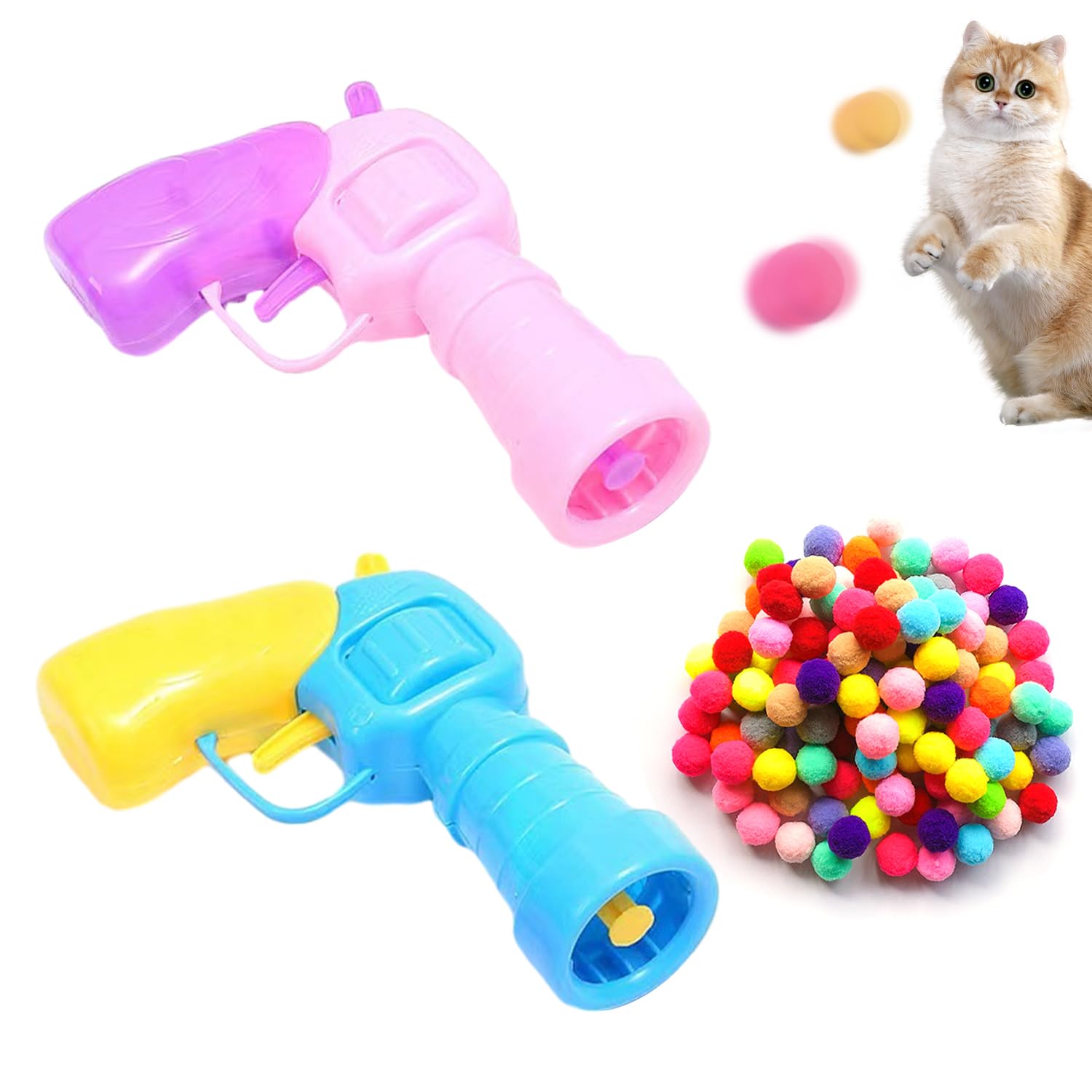 SLEEKEE 2 pistolas de juguete, 40 bolas de peluche, lanzador de bolas de juguete, juguete interactivo para gatos, bolas de peluche silenciosas, bolas para masticar gatos