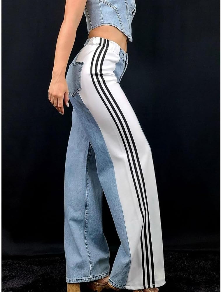 Women's Patchwork Striped high Waist Stretch Denim Color Matching Straight Wide Leg Fashionable Boyfriend Style Jeans