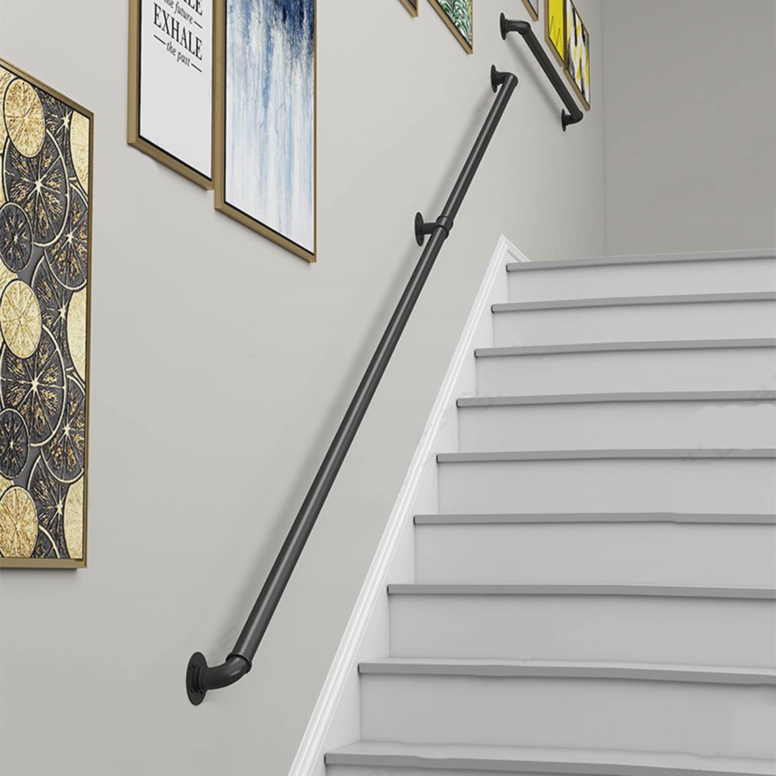 Modern Black Wrought Iron Stair Handrail Adjustable Length, Wall-Mounted Non-Slip Railing, for Indoor Stairs - Secure(19ft/570cm)