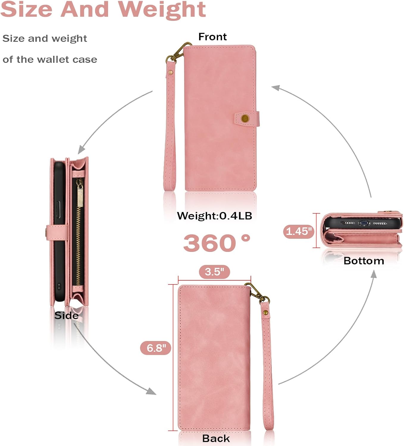 TwoHead Wallet Case Compatible with iPhone 16 Pro Max,Detachable Magnetic Phone Case,PU Leather All-Round Protective Case Wallet with Card Holder/Change Pocket,6.9 in,Pink