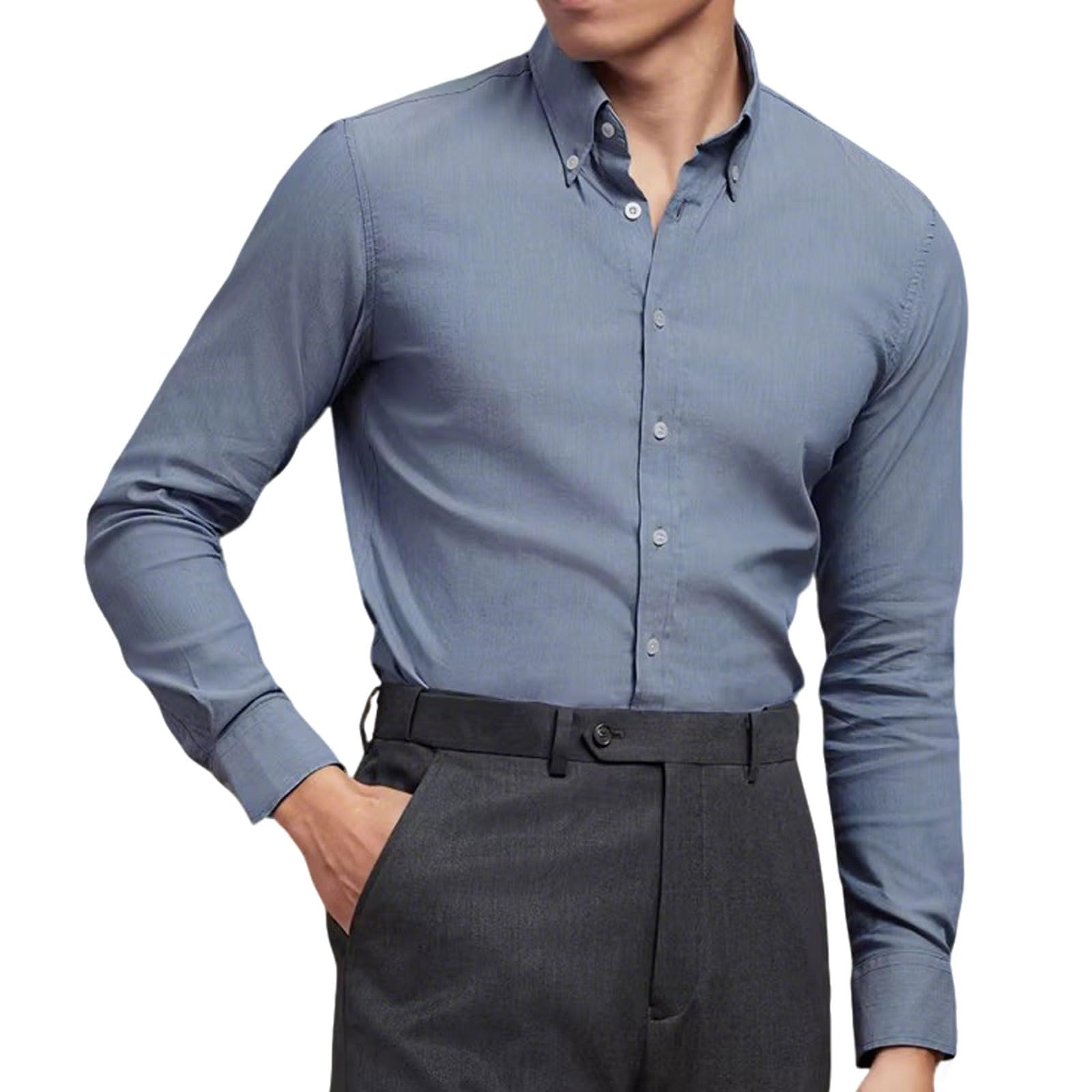Camisa Formal De Negocios Manga Larga, Camisa De Hombre Ajustada Azul Denim De Otoño, con Cuello Abotonable