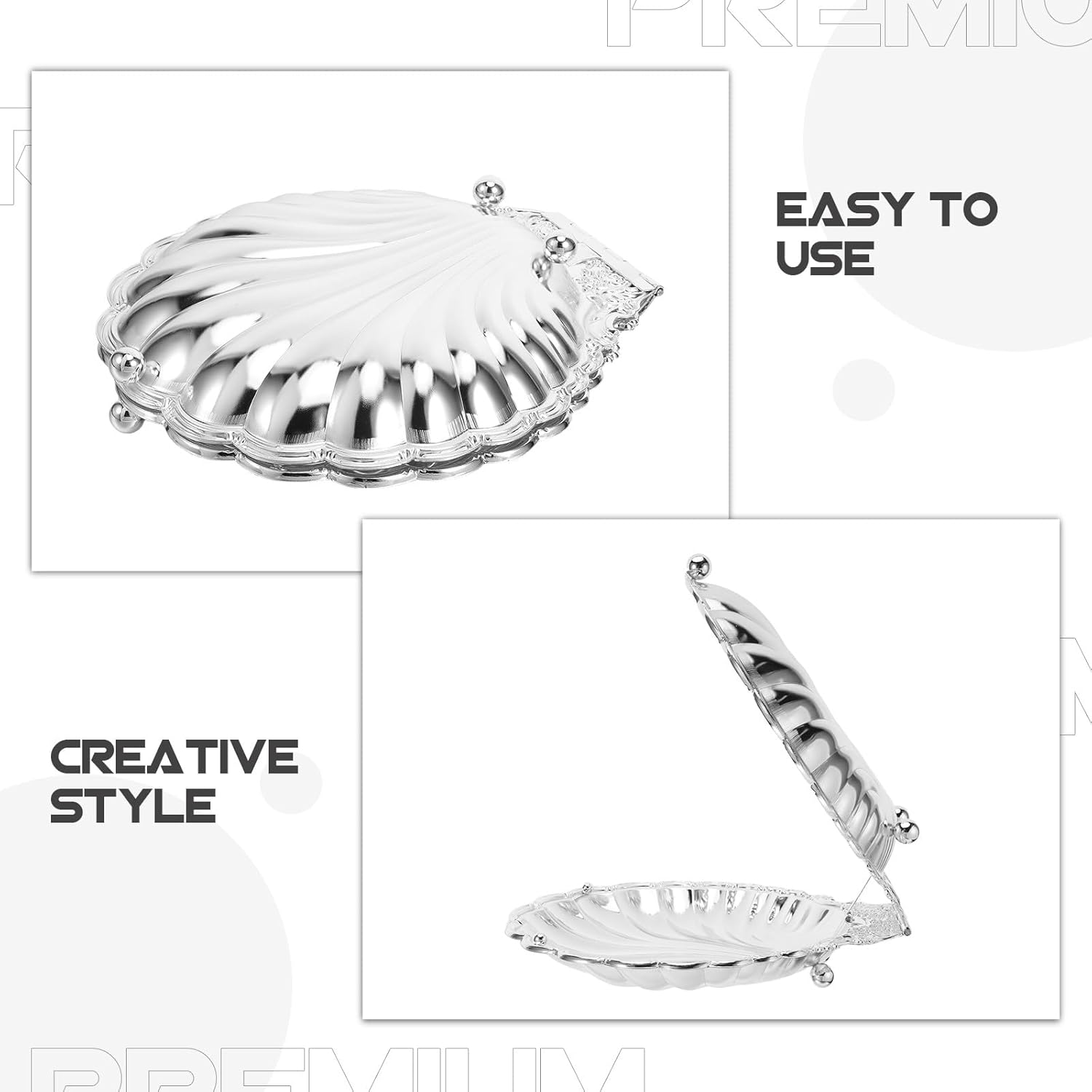 Silver Seashell Fruit Serving Tray With Lid - Shell Shape Metal Snack Plate - Tabletop Centerpiece Fruit Bowl For Nuts Desserts Appetizers