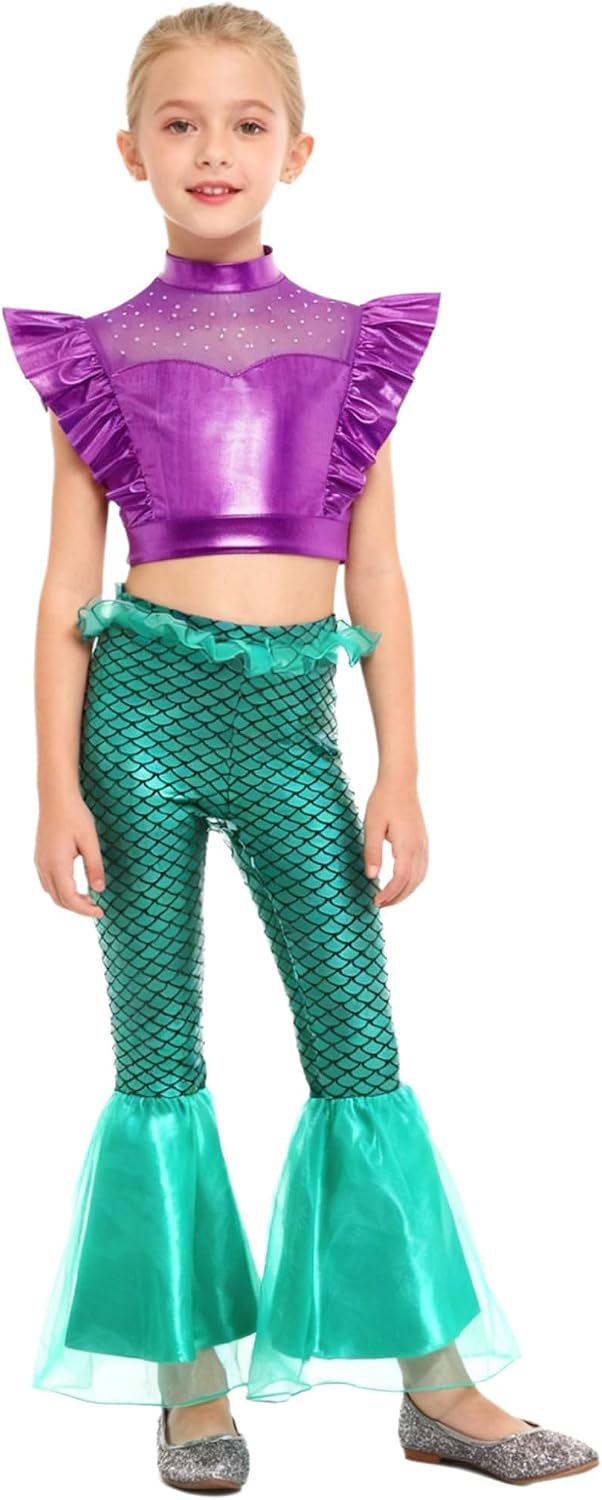Hansber Girls Kids Mermaid King of The Seas Sleeveless Ruffle Dance Crop Top with Fish Scale Printed Bell Bottoms Purple Mint Green 14 Years
