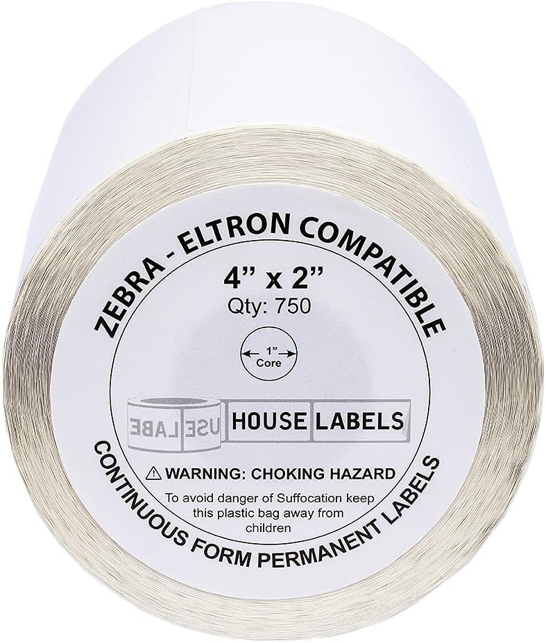 HOUSELABELS 4" x 2" Large Retail Labels on 1" Core Compatible with Zebra and Rollo Printers, 6 Rolls / 750 Labels per Roll