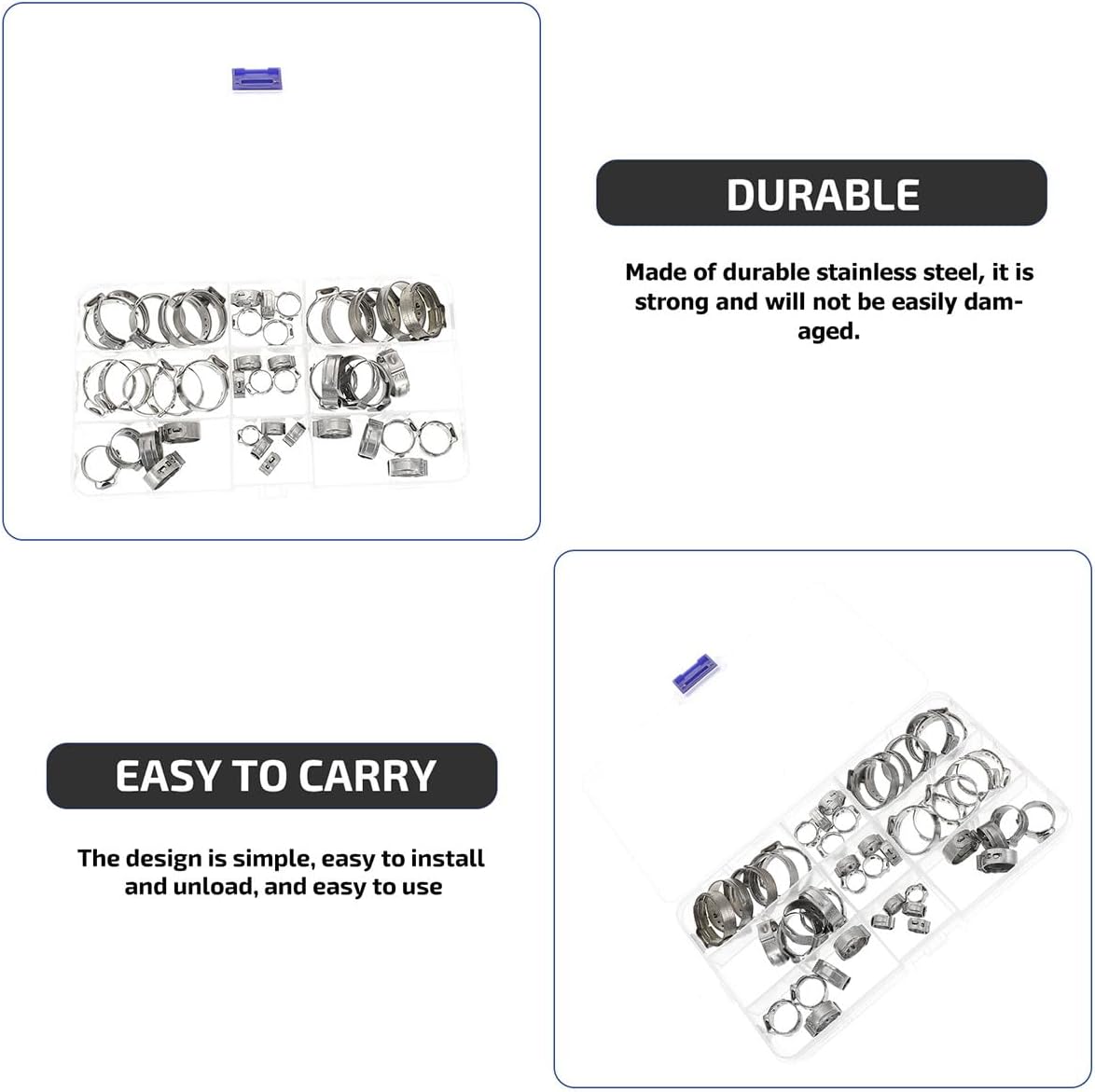 Generic 80pcs Stainless Steel Single Ear Hose Clamp Assortment Kit Adjustable Hose Clips for Plumbing Automotive and Fastening
