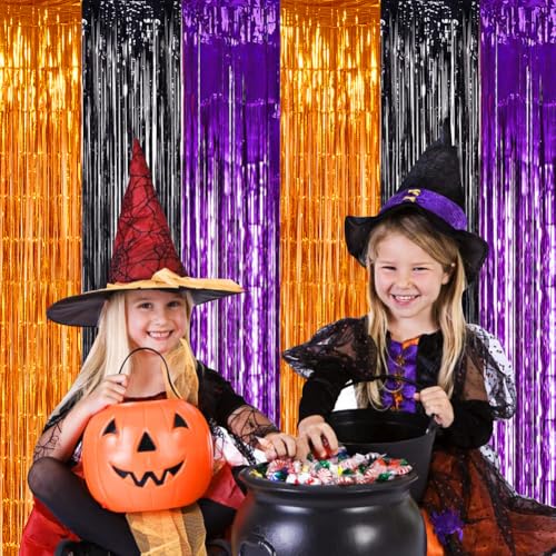 Image of TONIFUL 2Pcs Orange Purple Black Metallic Tinsel Foil Fringe Curtains,3.28ft x 6.56ft Halloween Photo Booth Backdrop Streamer,Photo Props,for Party Door Wall Curtains Wedding Birthday(6.6ft x 6.6ft)