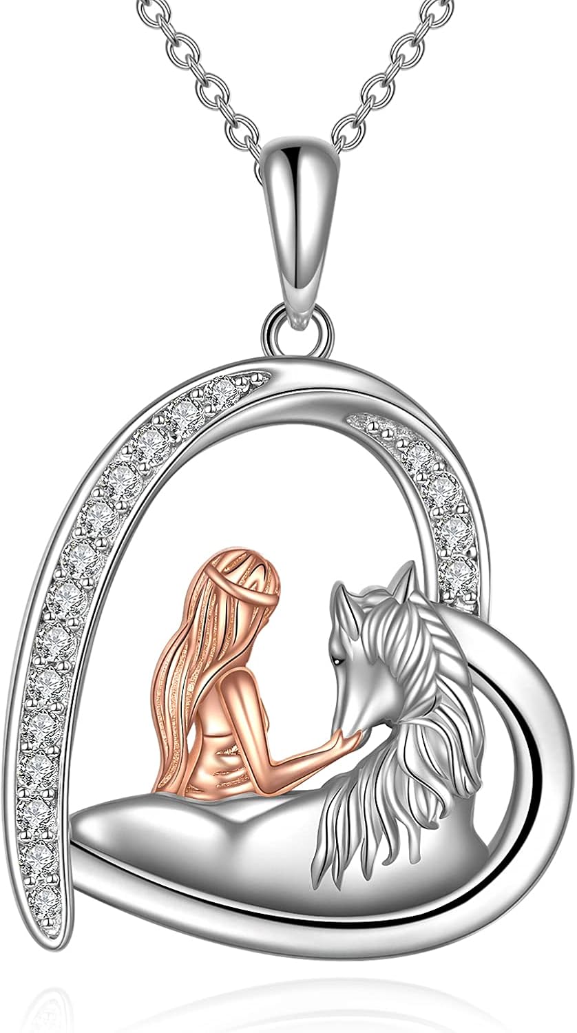 LUHE Horse Necklace for Women Sterling Silver Heart Shaped Feathering Horse Pendant with Cubic Zirconia Animal Jewelry Gift for Her
