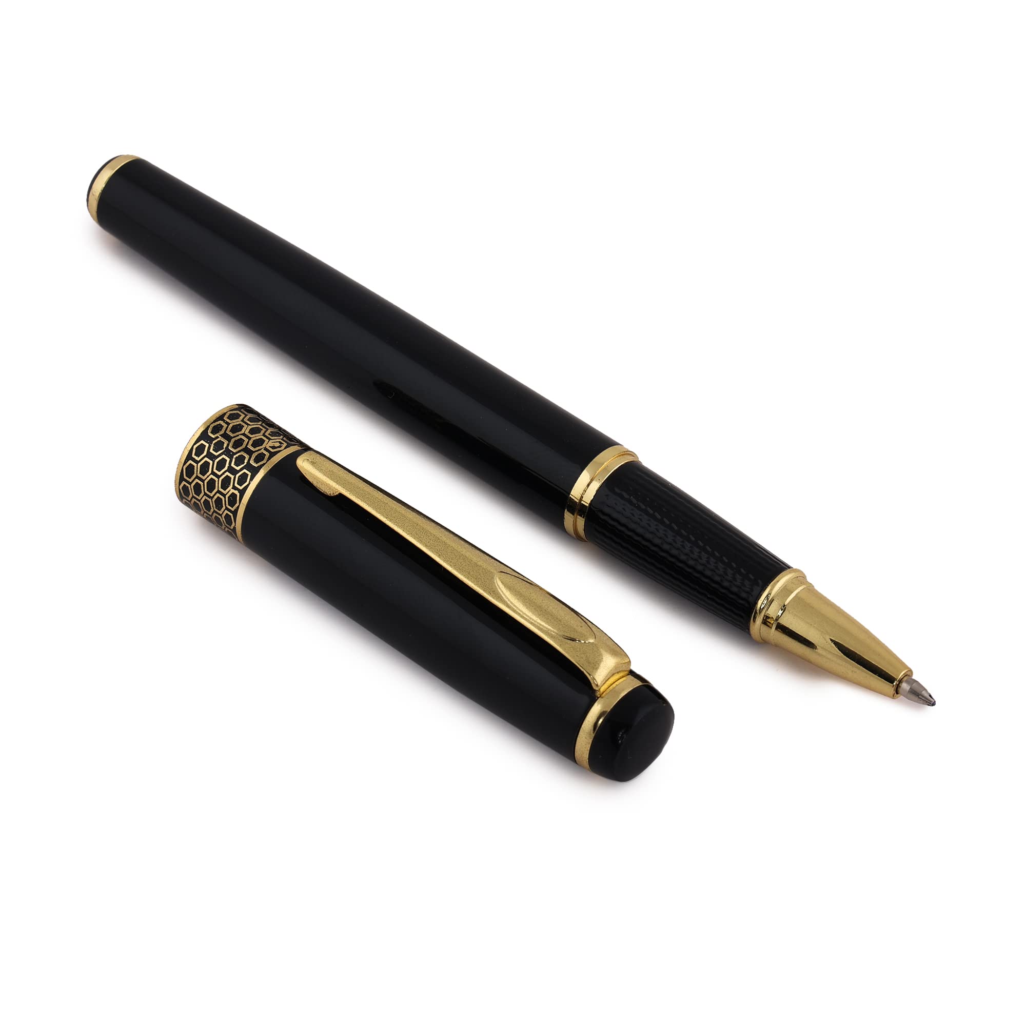 crewtone 7018 Esthetic Black Glossy Finish Metal Roller Ball Pen, with Golden Trim Finish, Pen Gift Set for Men & Women, Executives Office - Gift Box.