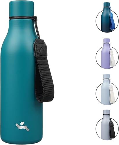 Miniatura 8 de Botella de agua aislada con correa, botellas de acero inoxidable de doble pared de 18 onzas, botella de agua de metal, verde macarrón