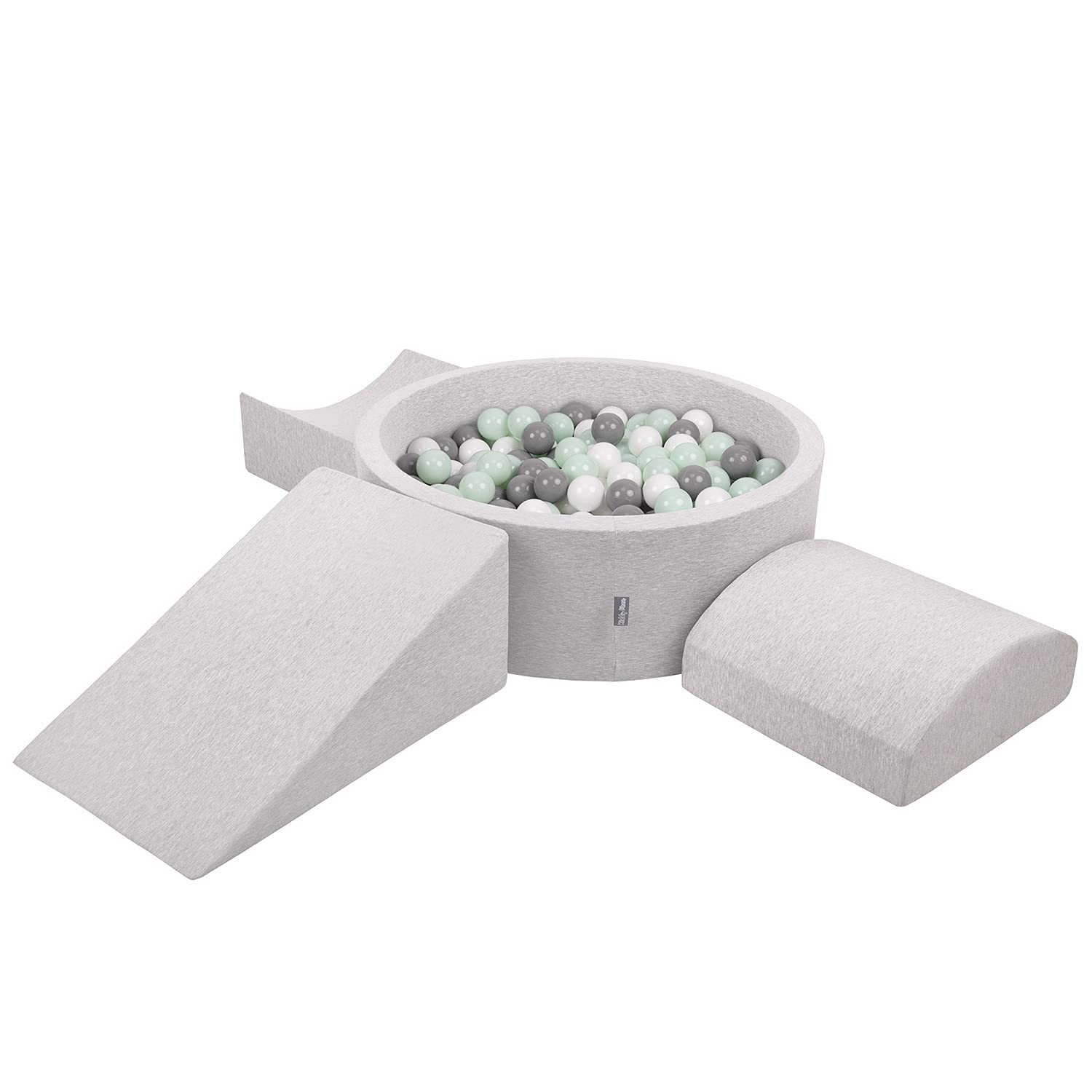 KiddyMoon Foam Playground For Kids With Round Ballpit (200 Balls) Obstacle Course, Lightgrey:White/Grey/Mint — image 1