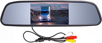 4.3 inch Car Video Monitor Auto Rear View Mirror LCD Screen 12V-24V Universal Mount Clip-On Current Mirror for Backup Camera/Front Camera/Media Player/Safety Driving 2 Ways RCA Input
