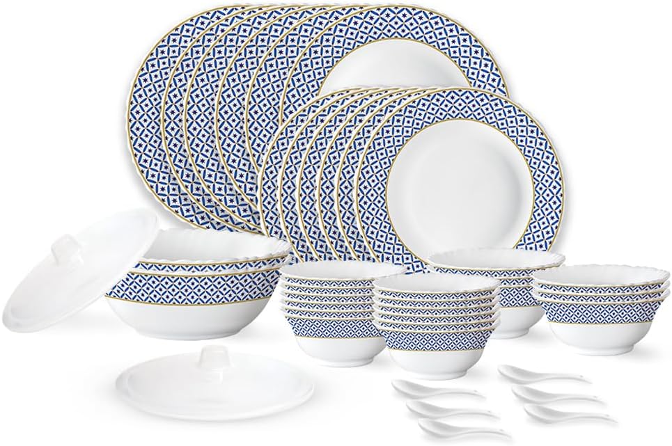 Larah by Borosil Juliet Fluted Series Opalware Dinner Set | 40 Pieces for Family of 6 | Microwave & Dishwasher Safe | Bone-Ash Free | Crockery Set for Dining & Gifting | Plates & Bowls | White