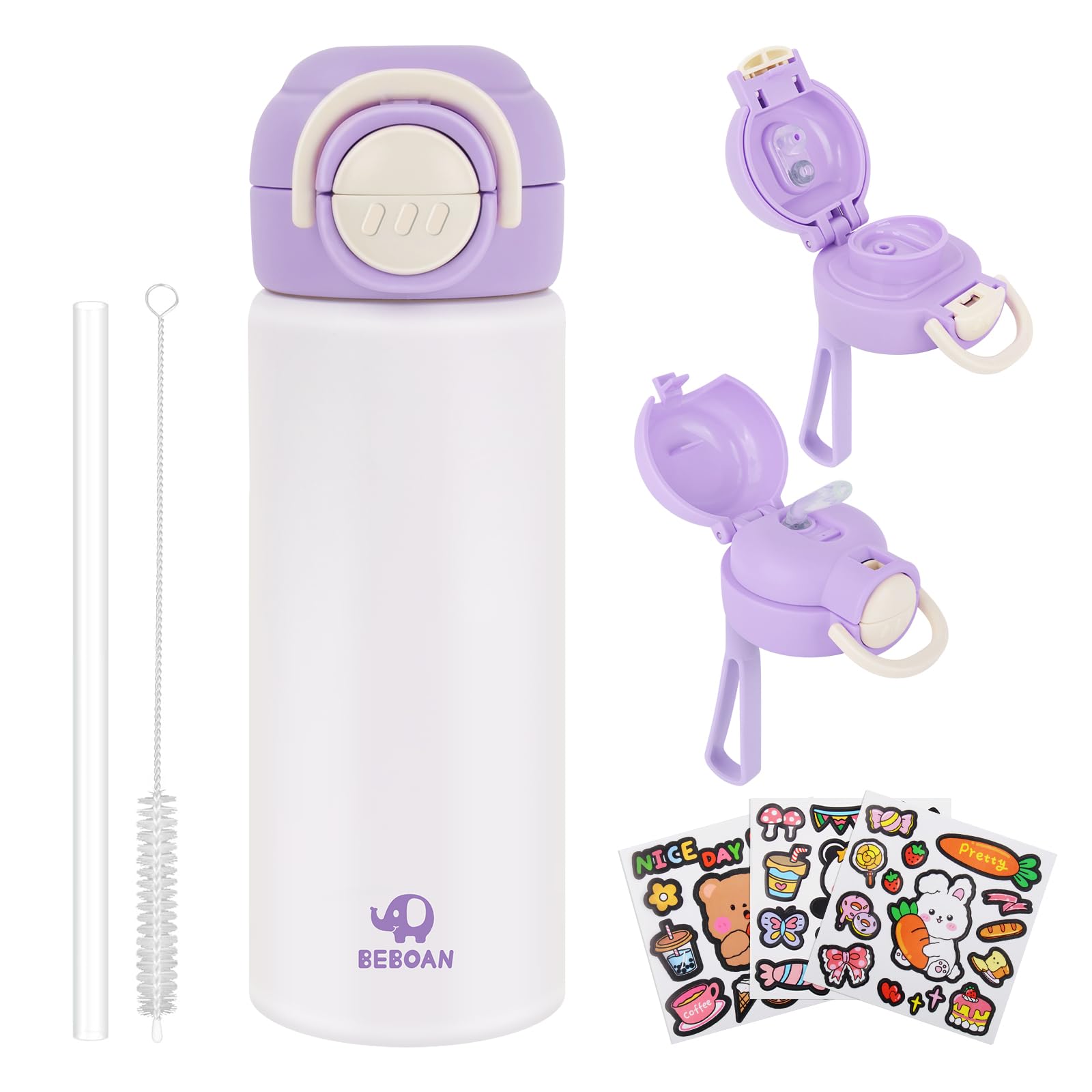 BEBOAN Metal Water Bottle Purple 550ml/18.6oz Insulated Water Bottling with Straw, Stainless Steel Double-Walled Thermal Bottle BPA-Free