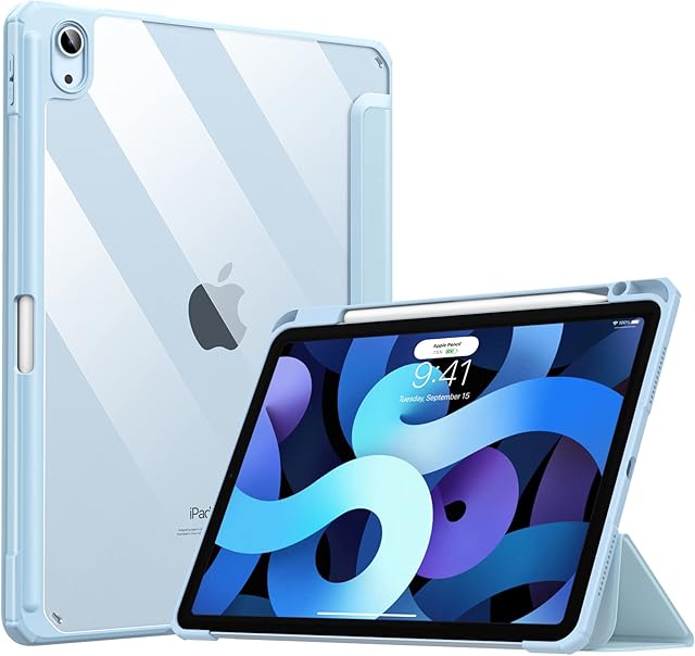 TiMOVO Case for iPad Air 5th/4th Generation 2022/2020 10.9", iPad Air 5/4 Case with Pencil Holder, [Support iPencil Charging & Touch ID], Clear Transparent Case with Auto Wake/Sleep, Sky Blue
