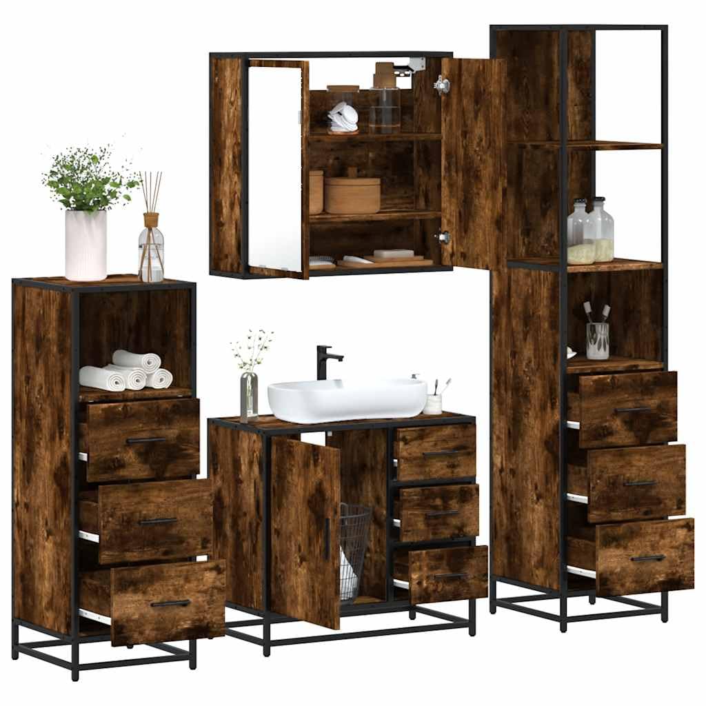 4-teiliges Badmoebel Set Raeuchereiche Holzwerkstoff mit Spiegelschrank, Waschtisch Unterschrank, Hochschrank und Haengeschrank Fuer Stauraum, Ordnung im Badezimmer
