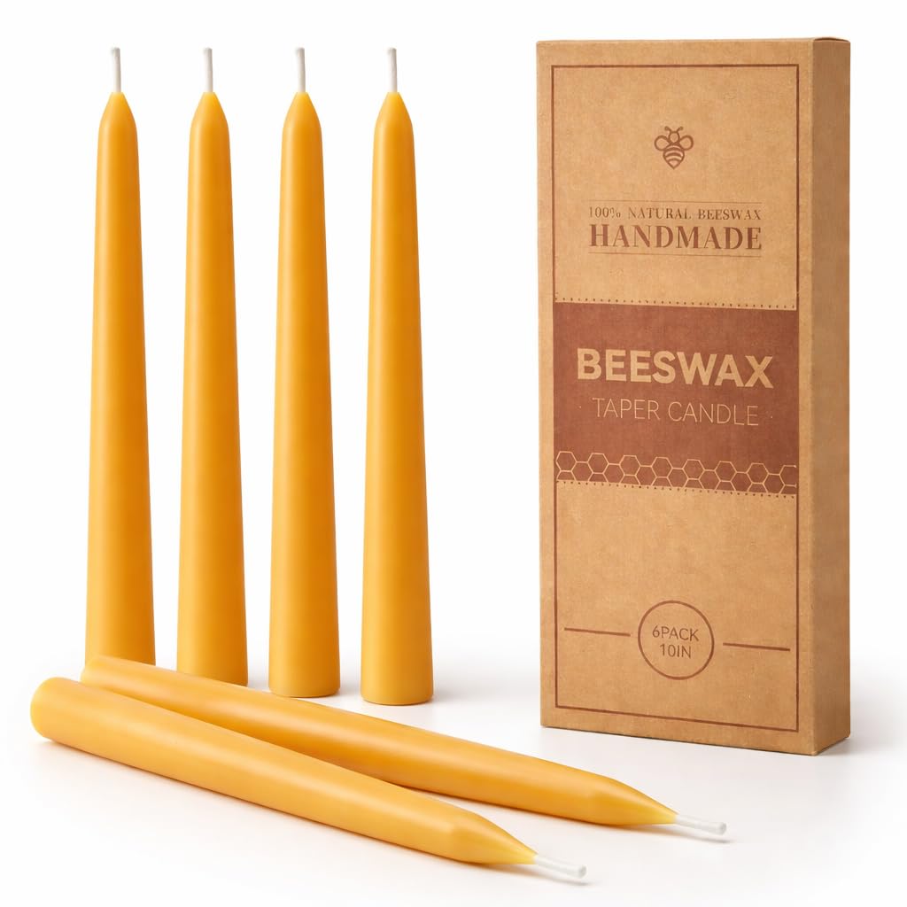 LETINE 6 Packs Beeswax Taper Candles, 10 Inches Natural Dinner Candle Candlesticks, Smokeless, 9-Hour Burn Time, for Dinner, Weddings, Parties, Christmas