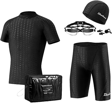 Amazon Apmnix 競泳水着 メンズ 水着 上着 短袖 フィットネス 男性 水泳パンツ スイミング用品 上下セット 男子 競泳用水着 水中眼鏡 スイミングゴーグル スイムキャップ ノーズクリップ 耳栓 セット 海水浴 速乾 6点セット Apmnix スポーツ アウトドア