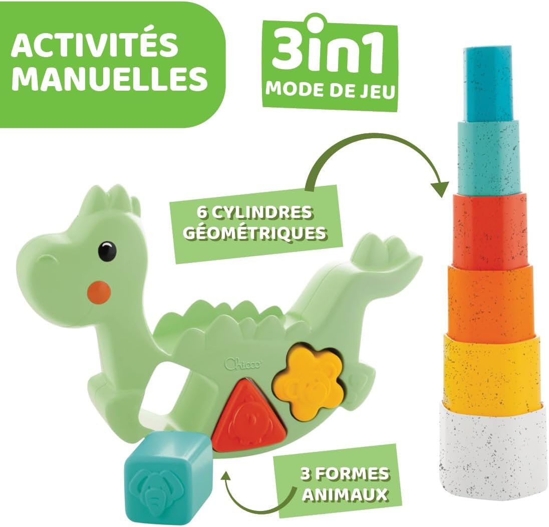 Chicco ECO+ Toy, 3-in-1 Rocking Dino, Multicolour | Sustainable Baby & Toddler Toy, Recycled Plastic, 1 Year +