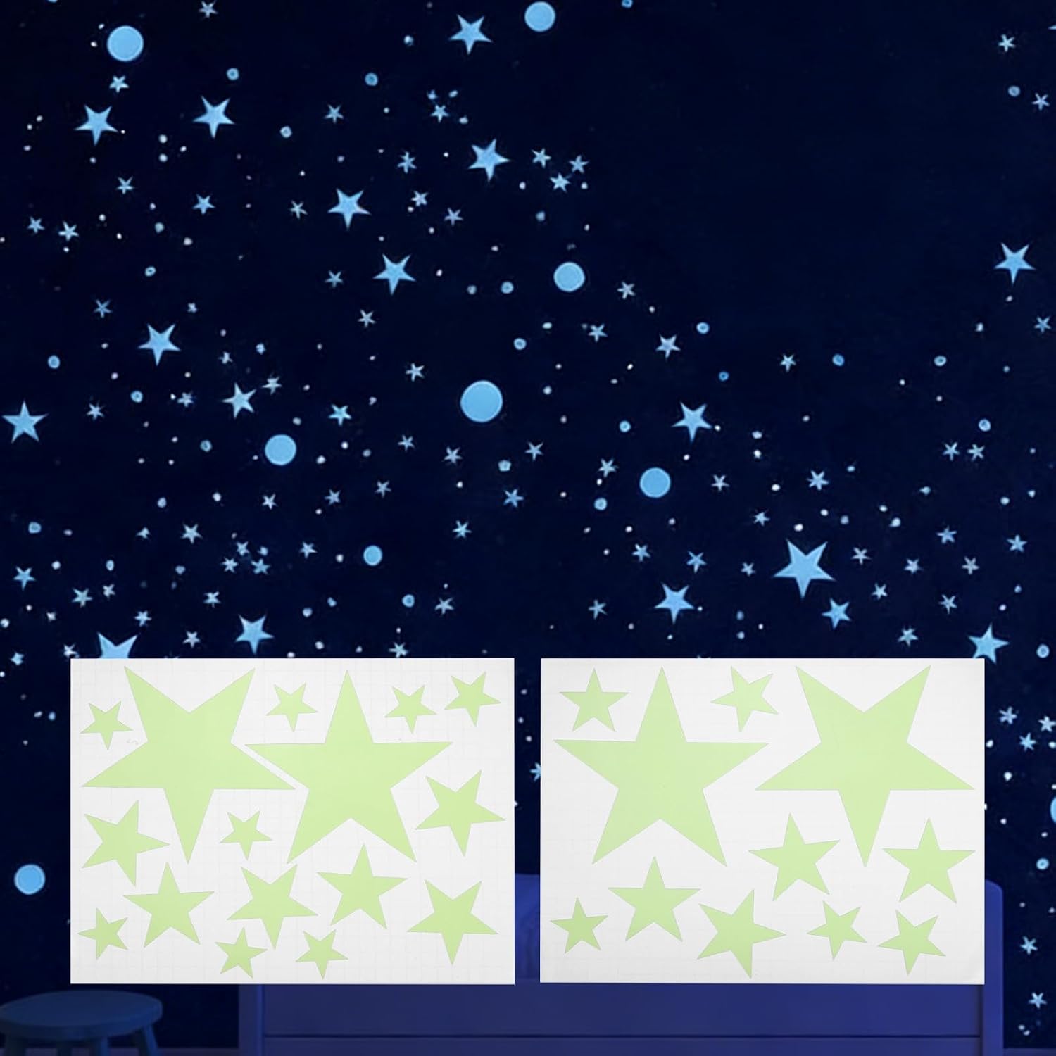 MECCANIXITY 27 Pcs Glow in the Dark Stars for Ceiling, Glowing Galaxy Wall Decal Green Luminous Adhesive Wall Star Stickers 3D Glowing Stickers for Bedroom Living Room Decoration