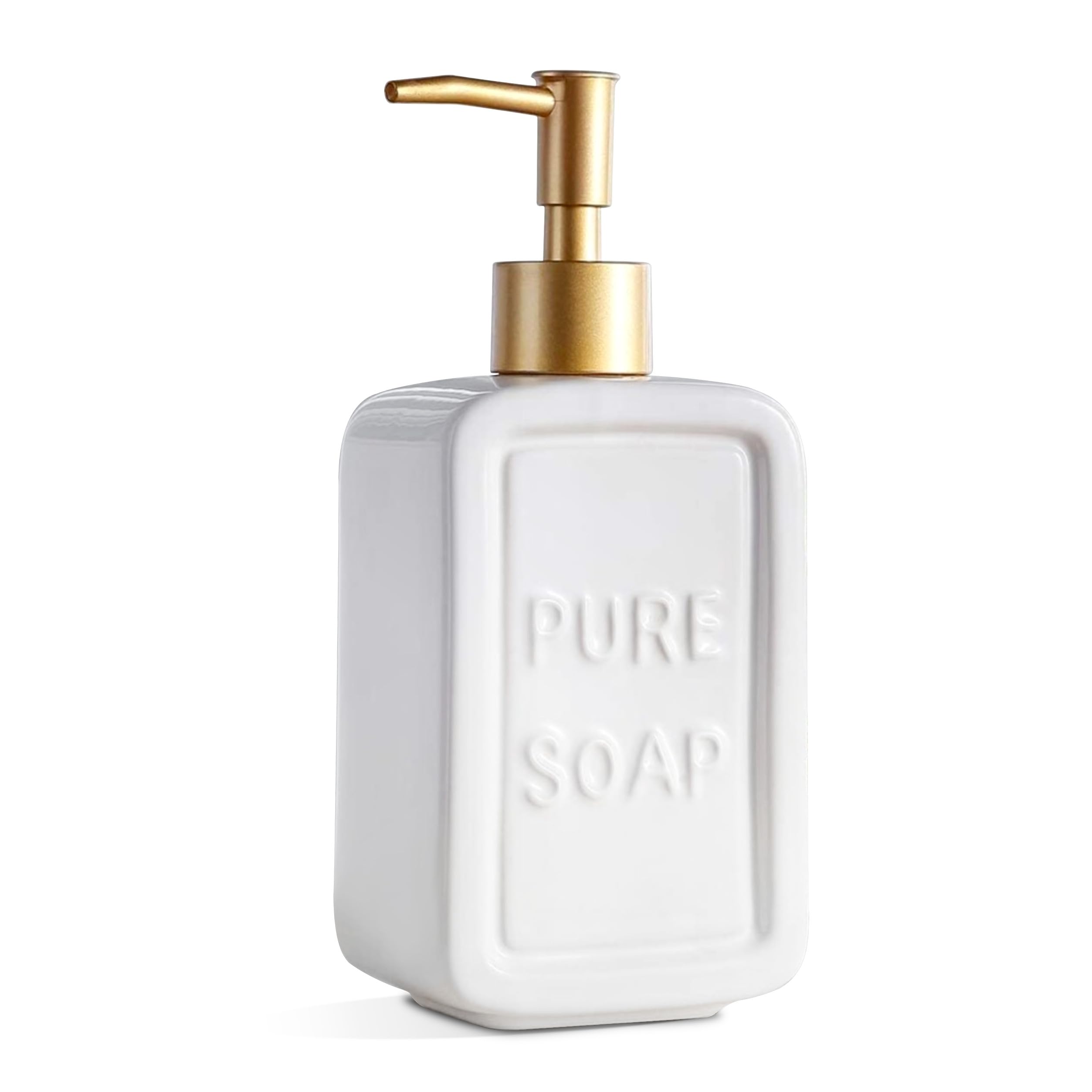 Dispensador de Jabón de Cerámica Blanco y Dorado 350ml, Dosificador de Jabón LÃquido Estilo Vintage para Baño y Cocina, Diseño 'Pure Soap' Elegante y Recargable para Manos y Loción