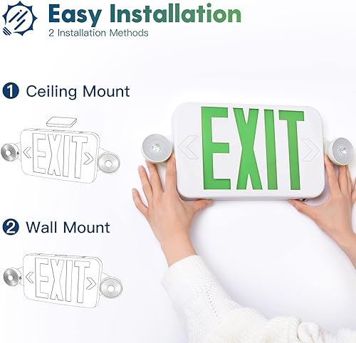 Miniatura 11 de FREELICHT Paquete de 6 letreros de salida rojos con luces de emergencia, dos luces LED de salida de emergencia ajustables con batería de respaldo