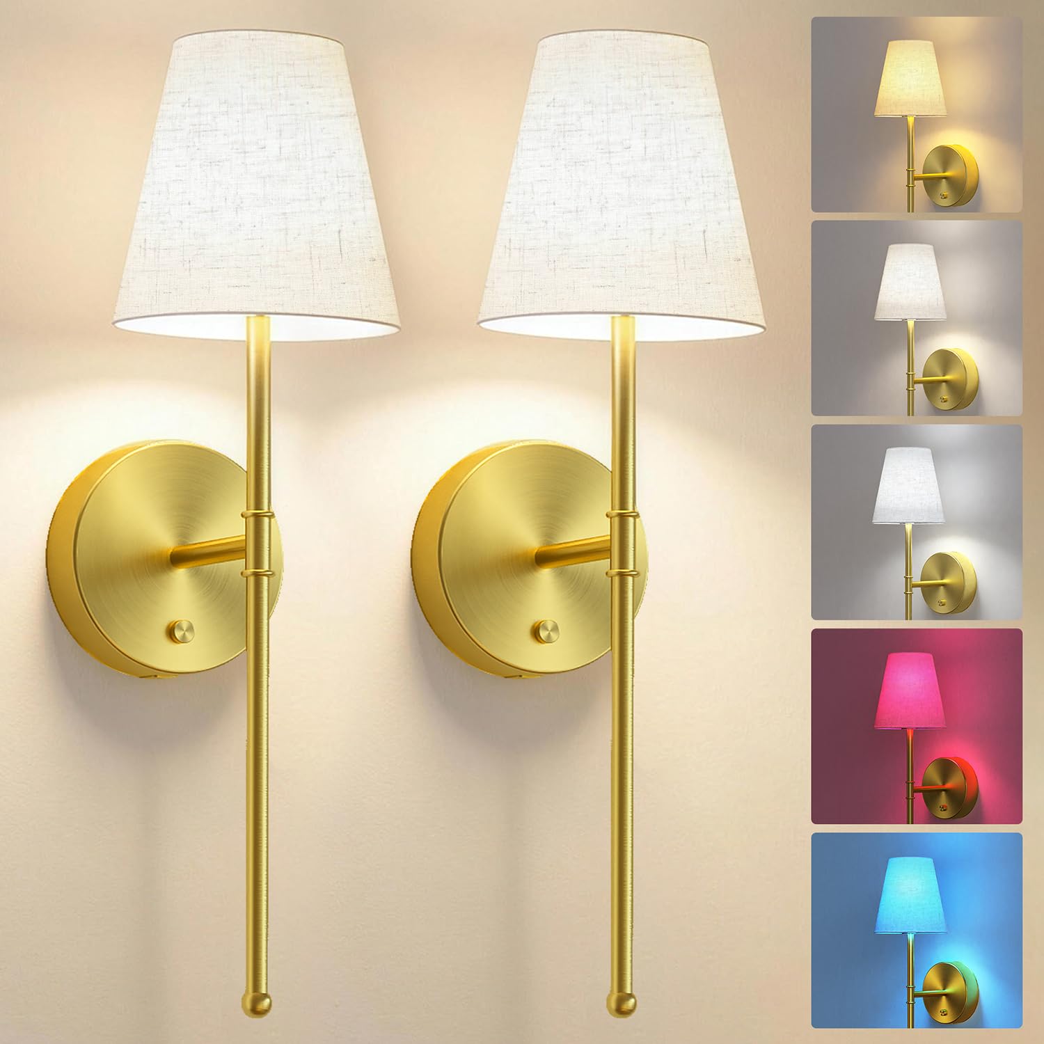 Lutec Gold Battery Operated Wall Sconce Set Of 2, Rechargeable Wireless Wall Sconces With 5200Mah Rgb Dimmable And Remote, 12 Colors Sconces Decor For Bedroom/Living Room/Hallway