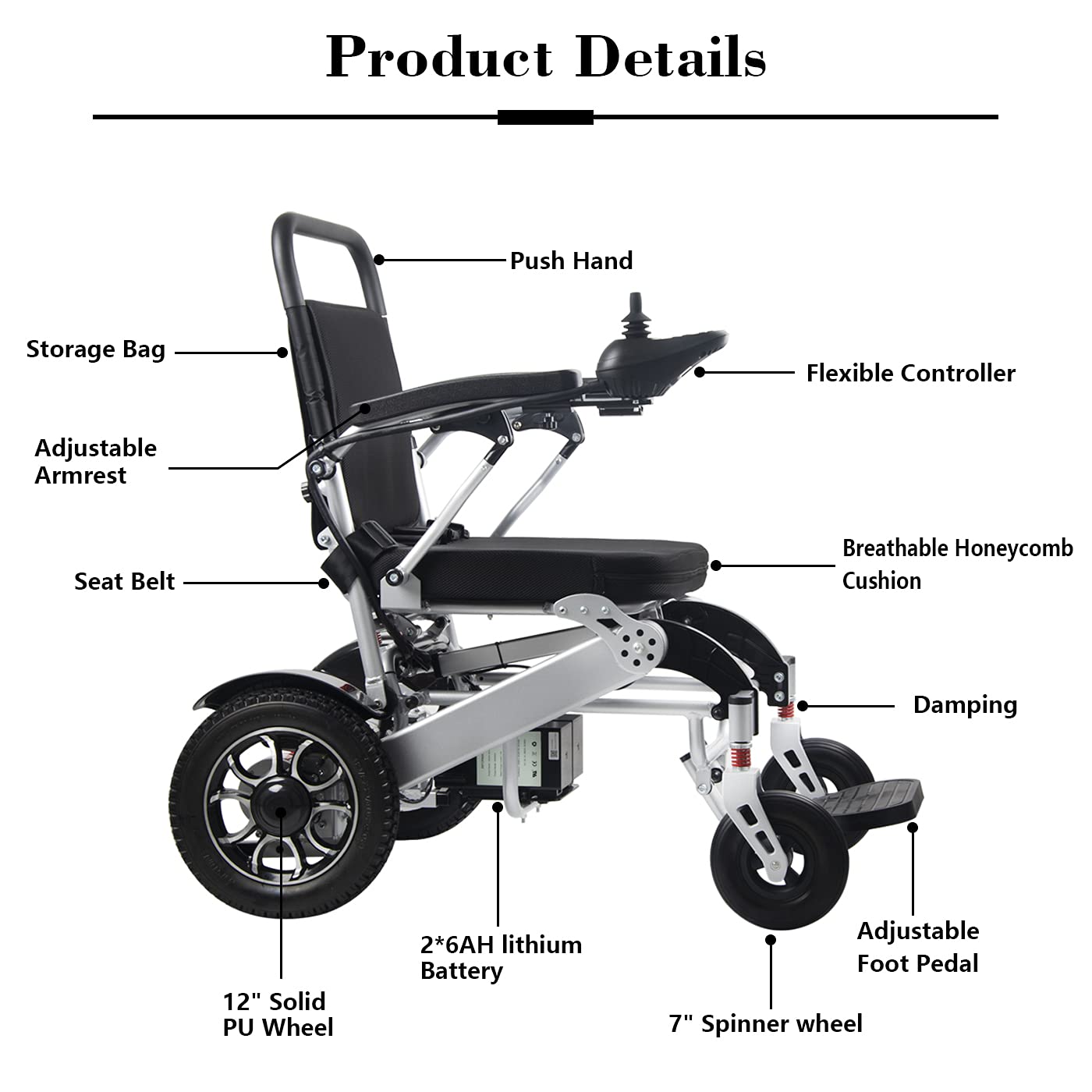 Electric Wheelchair Foldable Lightweight Power Mobility Wheelchair Dual