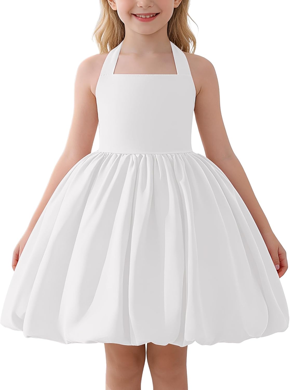 OBEEII Kids Girls Halter Bubble Ruffle Dress Summer Sleeveless A-line Solid Color Midi Dress Elegant Formal Prom Gown