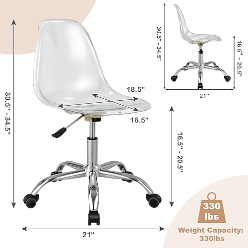 Miniatura 3 de COSTWAY Silla de escritorio de acrílico transparente, silla giratoria sin brazos de plástico con base de metal resistente y ruedas lisas, silla de
