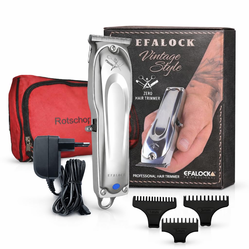 Rotschopf24 Efalock VINTAGE Präzisionstrimmer Zero Cut T-Klinge + Tasche | Zero Cut 0,1 mm, T-Klinge, Akku- + Netzbetrieb, 3 Aufsteckkämme für präzise Konturen und Bartpflege. Besser als Bad Butch