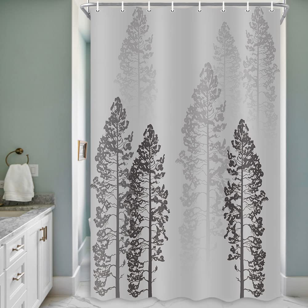 JAWO Forest RV Shower Curtain, Fog Woods Trees Landscape Fabric Shower Curtain for Campers Trailer Camping Bathroom 47 X 64 Inches, Gray