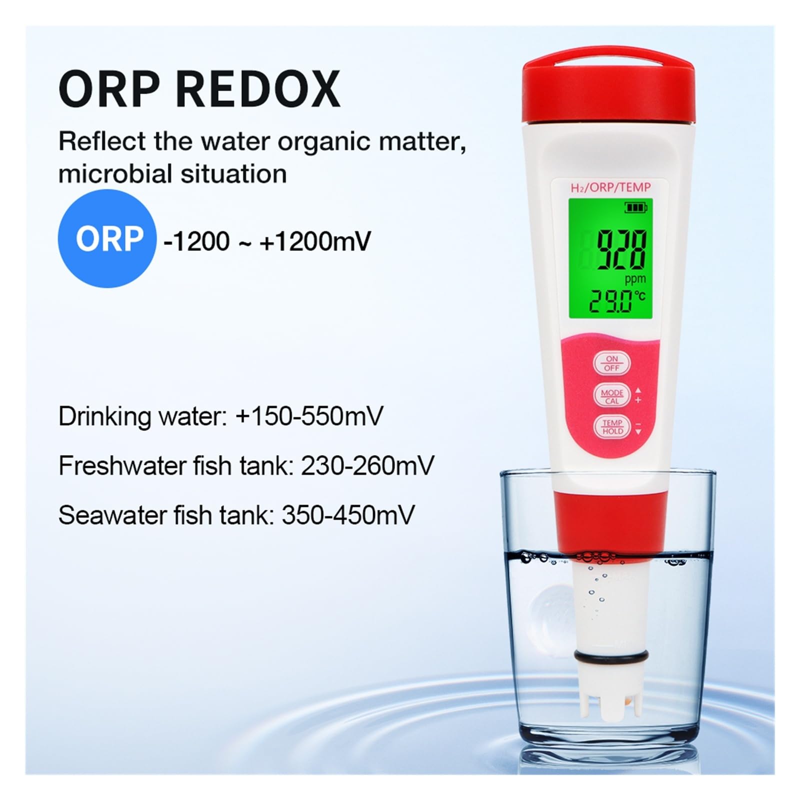Testeur de qualité de l'eau Compteur d'eau numérique 3 en 1 H2 ORP avec ATC, testeur d'hydrogène Haute précision 0-2400 PPb