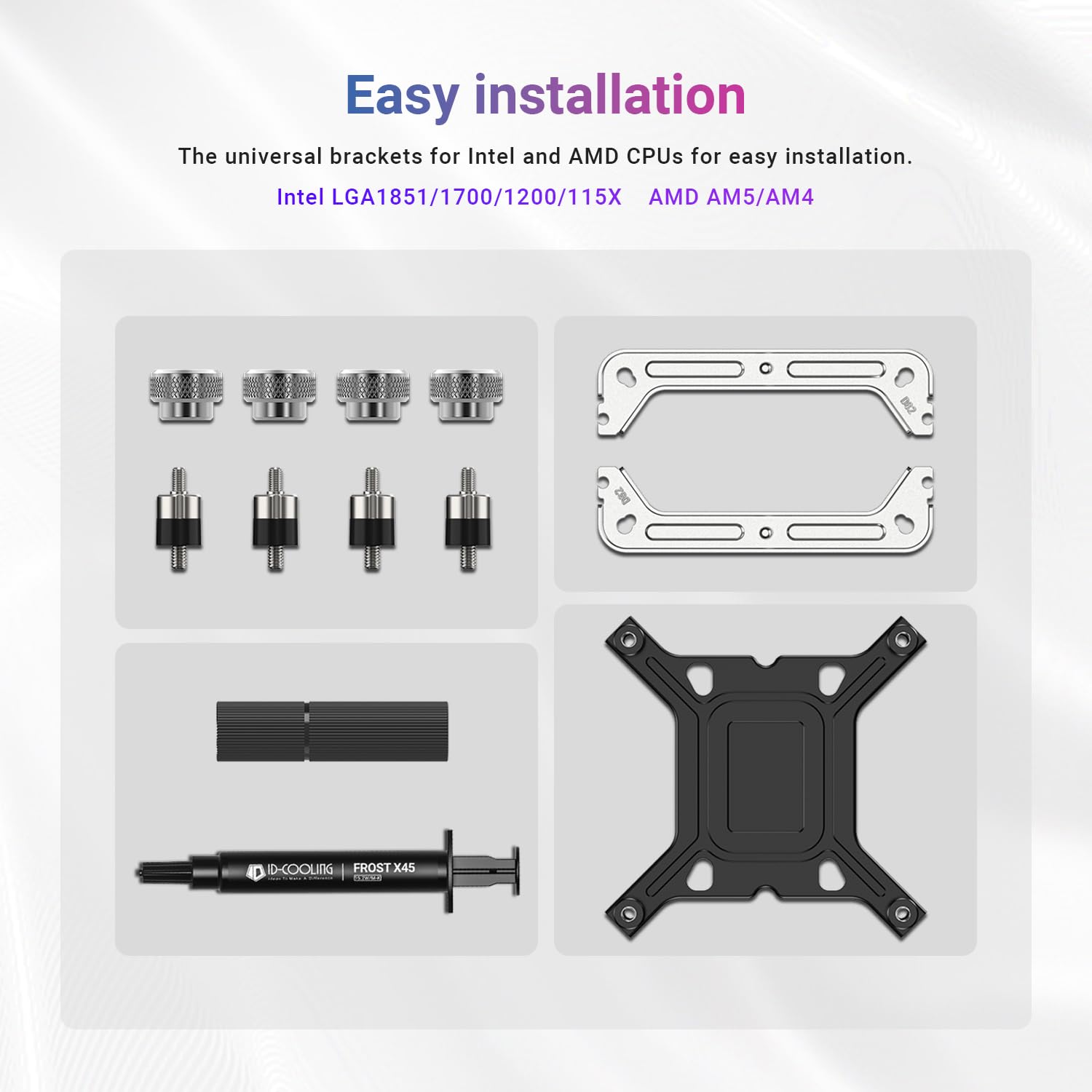 Components included for ID-COOLING FX360 TD CPU Liquid Cooler installation