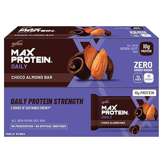 RiteBite Max Protein Daily Choco Almond 10g Protein Bars [Pack of 24] Protein Blend, Fiber, Vitamins & Minerals , No Preservatives, 100% Veg, No Added Sugar, For Energy, Fitness & Immunity - 1200g