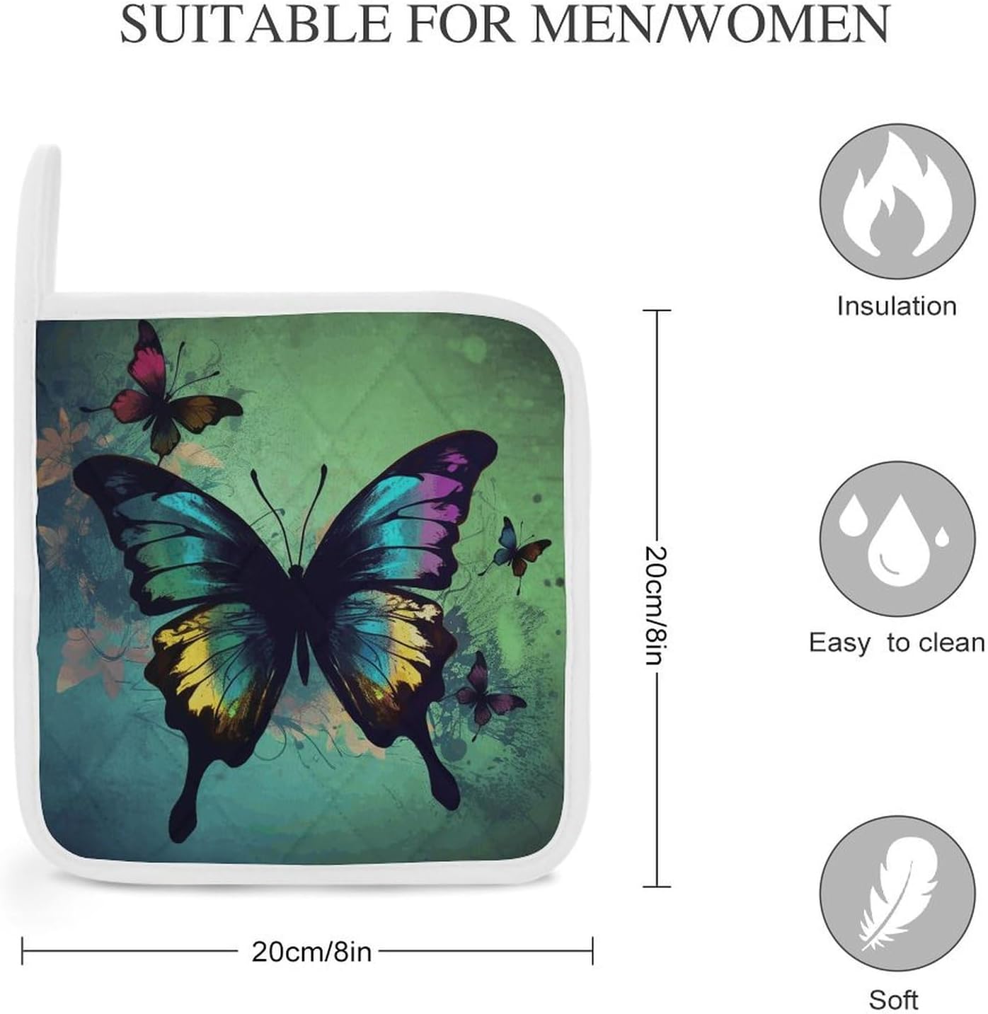 Pot Holder Set of 2 Artistic Butterfly Printed Potholders for Kitchens Heat Resistant & Non Slip Potholders for Kitchen Cooking Baking BBQ