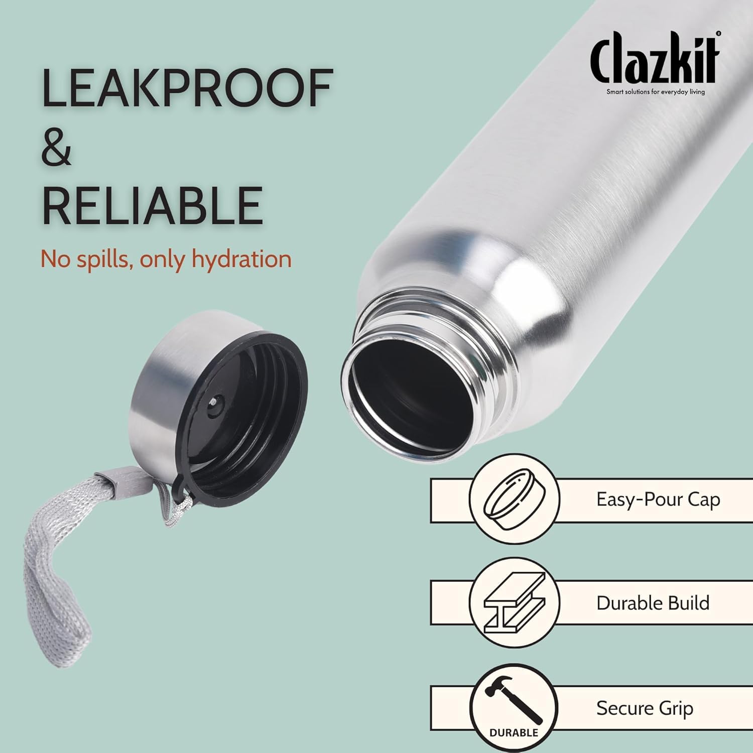 Clazkit Water Bottle Stainless Steel Sports/Fridge Bottle with Leak Proof Lid | Single Wall | For Home, Office, Gym, Travelling | Lightweight | BPA Free |Set Of 1-750ml | Silver) — Amazon image 3