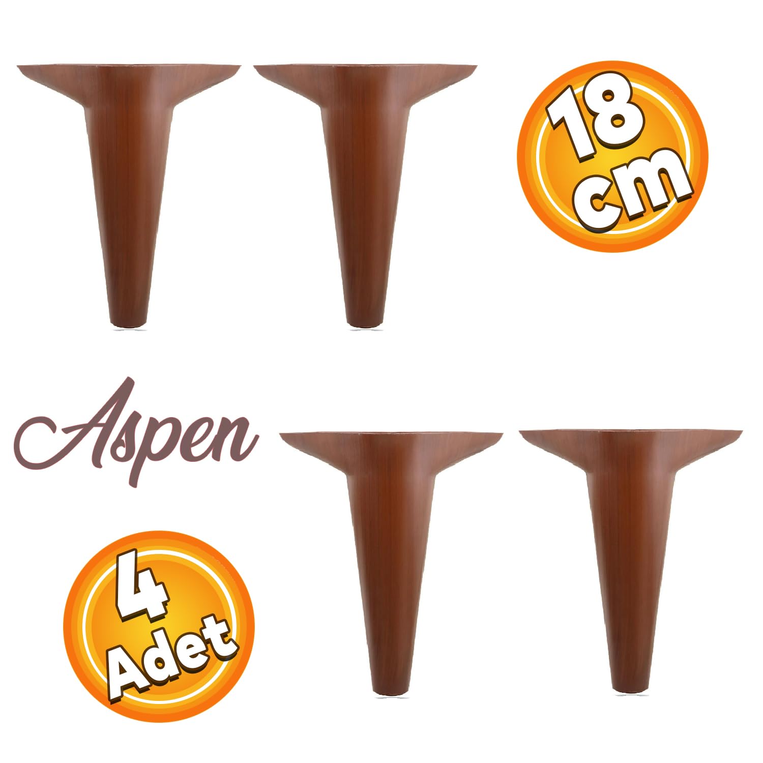 Badem10 4 ADET Aspen Lüks Mobilya Kanepe Sehpa Puf Koltuk Ayağı 18 cm Kahverengi Ahşap Desenli Baza Ayak