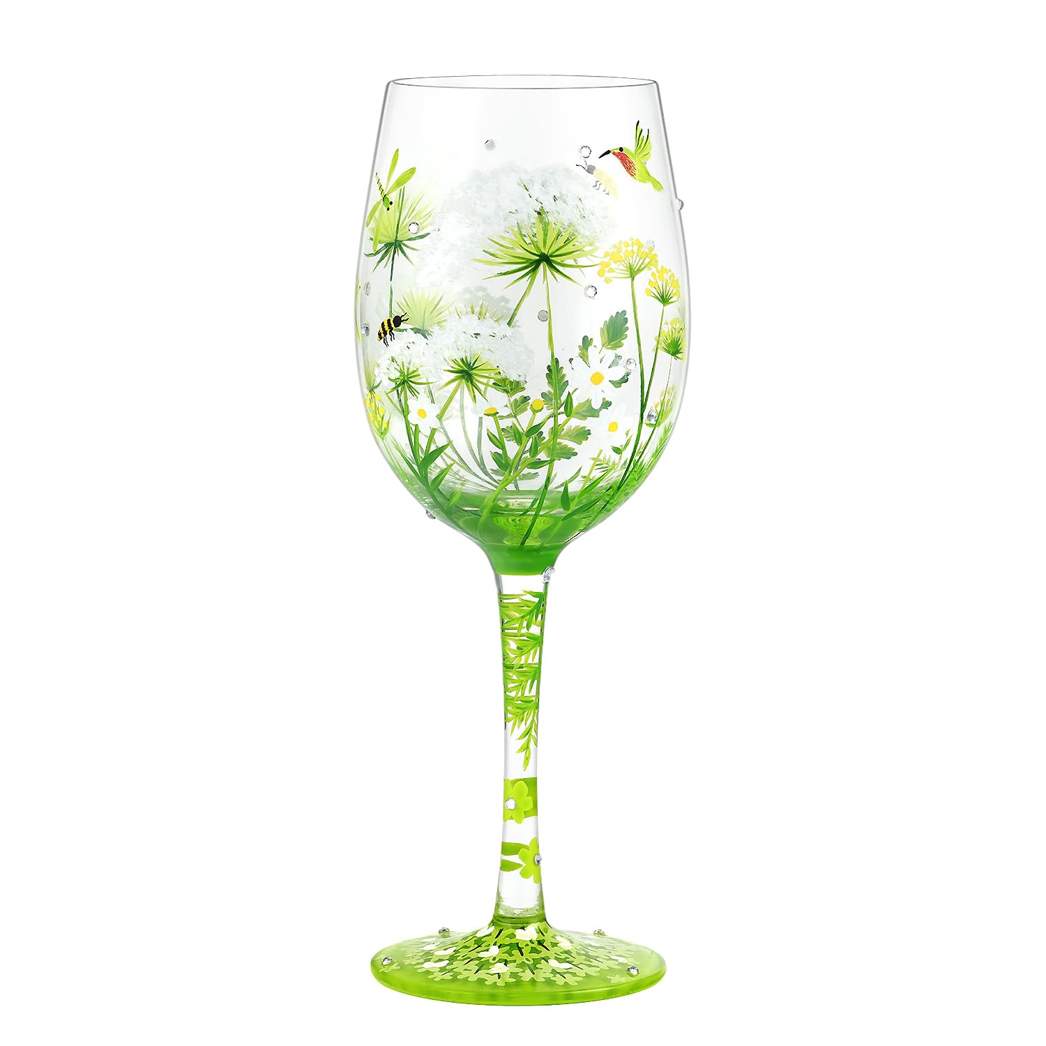Verres à vin colorés 15 oz peints à la main au motif de fleur et libellule
