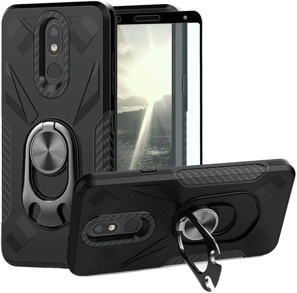 TJS Phone Case Compatible with LG Aristo 4,Aristo 4 Plus +,Escape Plus,K30 2019,Arena 2,Tribute Royal [Full Coverage Tempered Glass Screen Protector] Beer Opener Ring Magnetic Support Cover (Black)