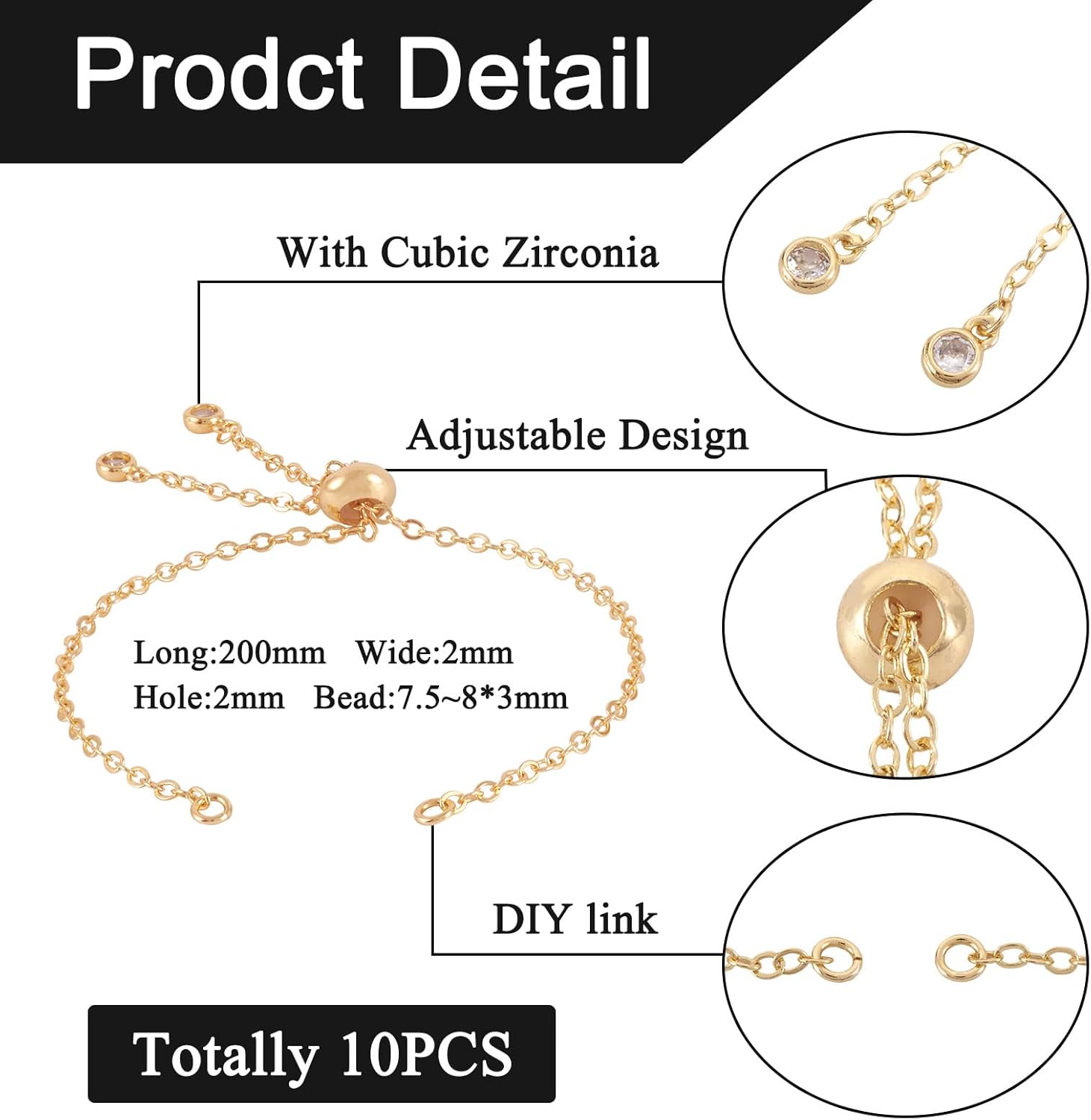 FASHEWELRY 10Pcs 18K Gold Plated Cable Chains Bracelet Adjustable Slider Bracelet Slider Extender Chains with Cubic Zirconia Ends for Woman Girl Jewelry Making, 7.87 Inch Long - Image 5