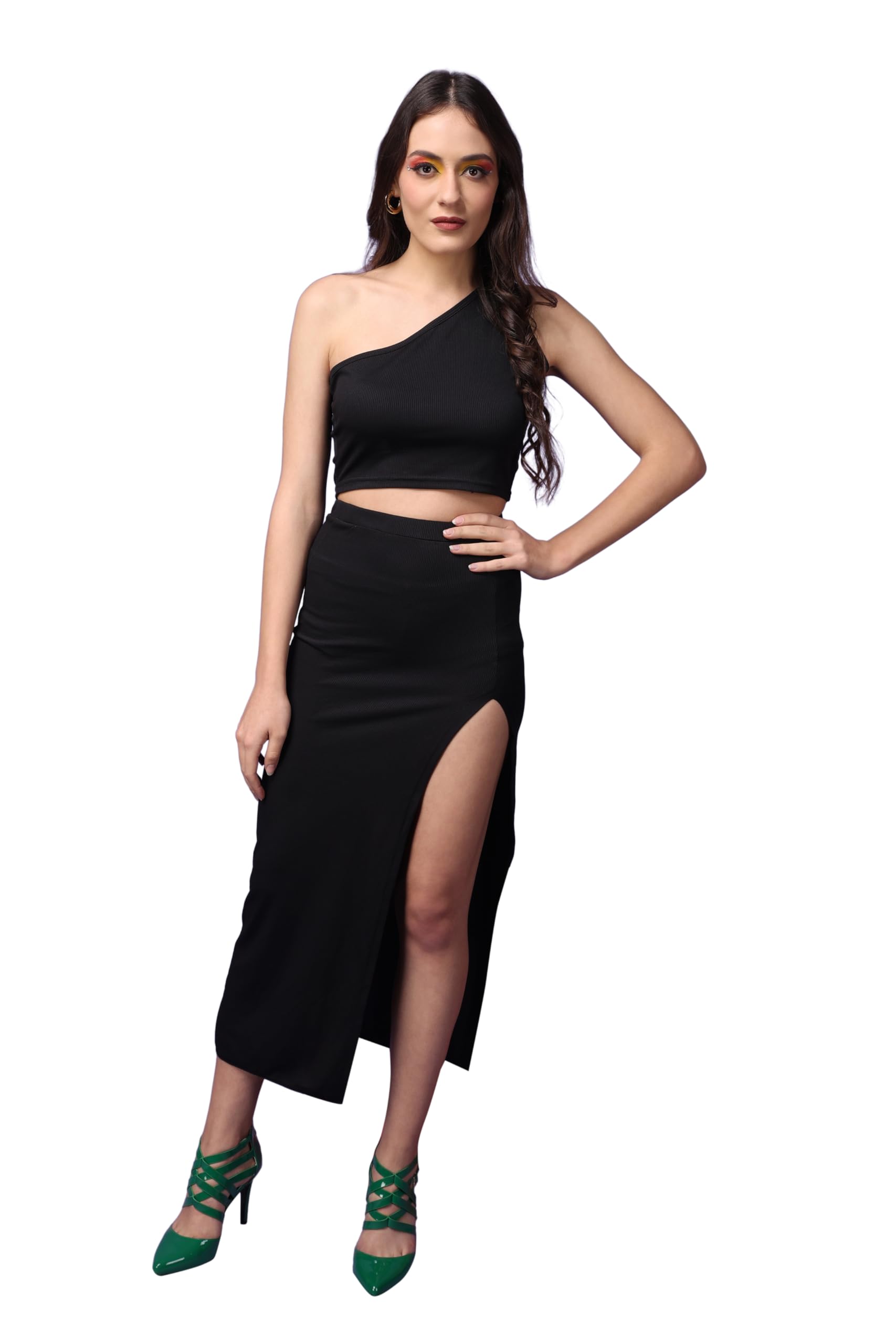 popwings Casual Solid Top and Skirt Co-Ord Set for Women | Stylish Western Co-Ord Set for Women | Crop Top and Long Slit Skirt Set for Women-picture-33