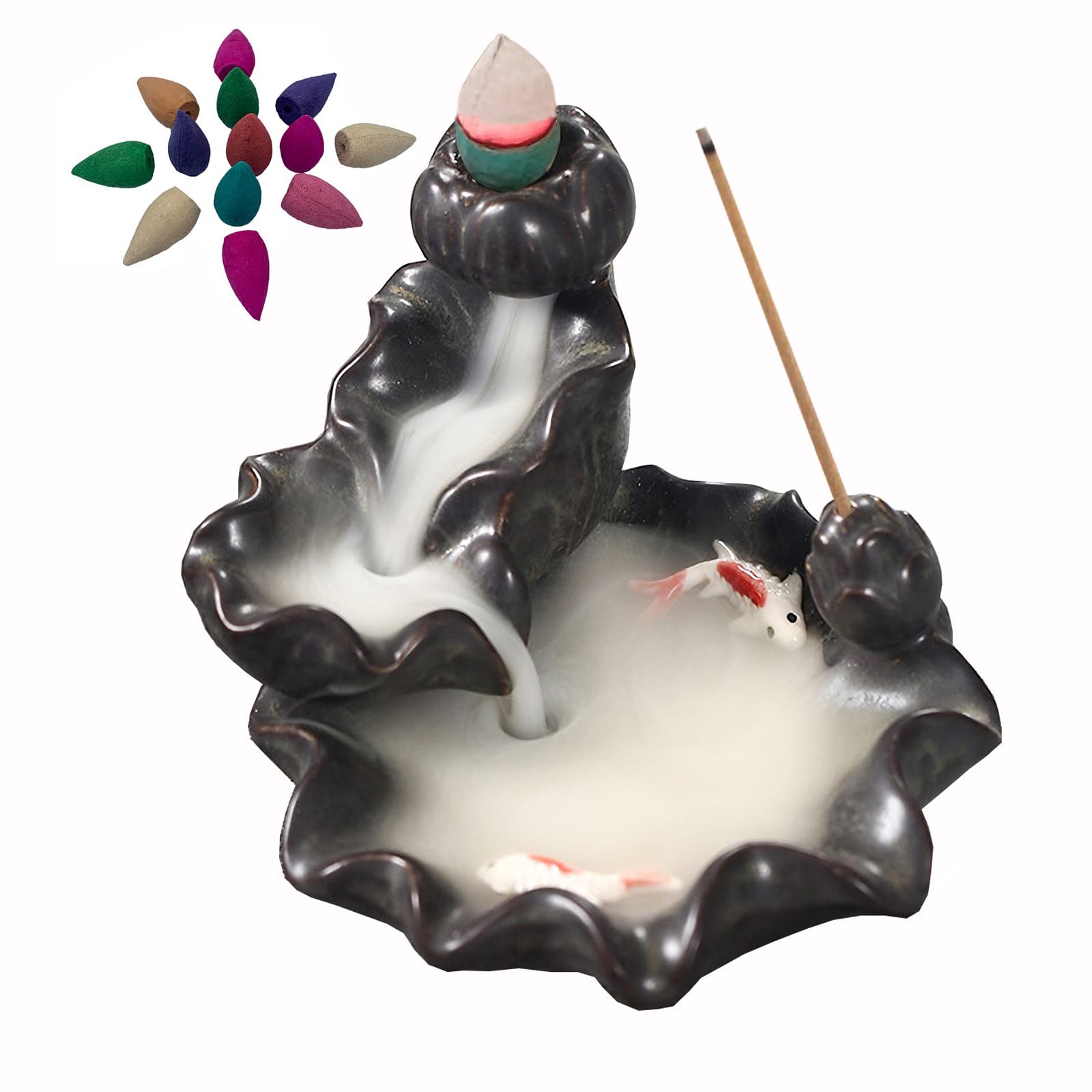 Ceramic Backflow Incense Burner Lotus Waterfall Incense Burner with 50 Incense Cones 45 Incense Sticks for Yoga Aromatherapy Home Decor (Brown)