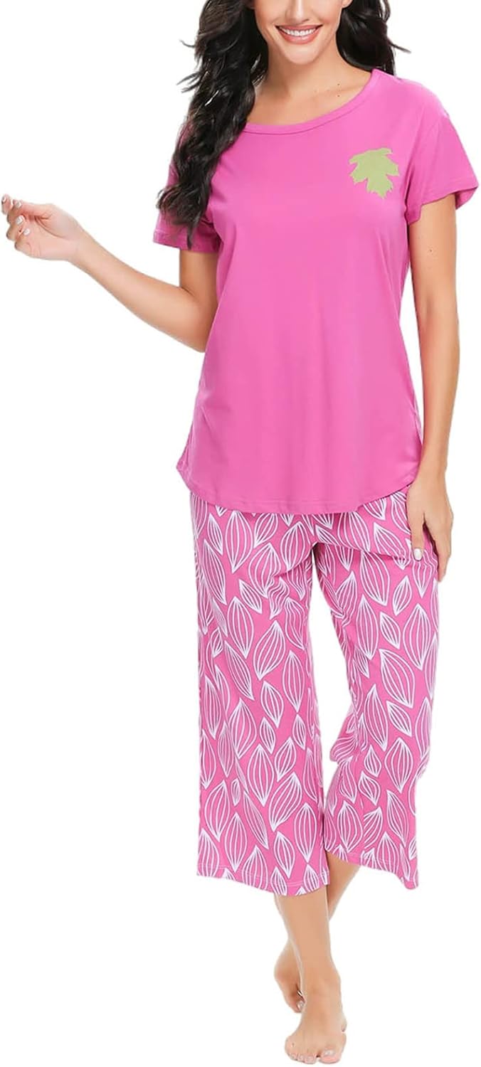 Tugege Womens Pajama Sets Short Sleeve Sleepwear Tops with Capri Pants Fun Printed 2 Piece Lounge Pjs Set - Image 3