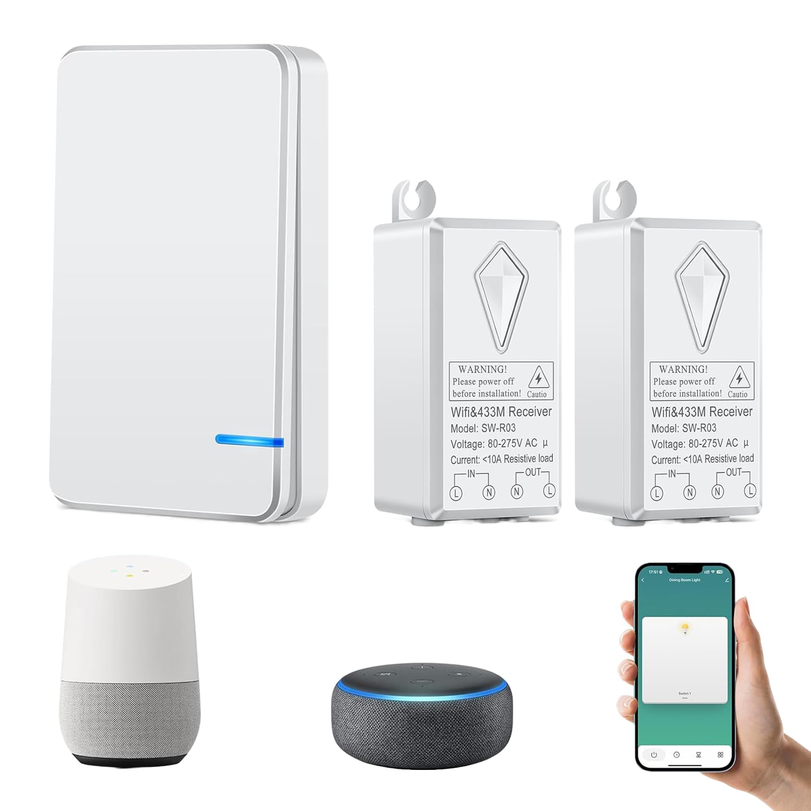 Smart light Switch,NineLeaf WIFI Wireless Light Switch,No Wiring,Save Energy,Compatible with Amazon Alexa and Google Home,Schedule and Timer,Voice Control,IP66 Waterproof for Residential,2 Rev