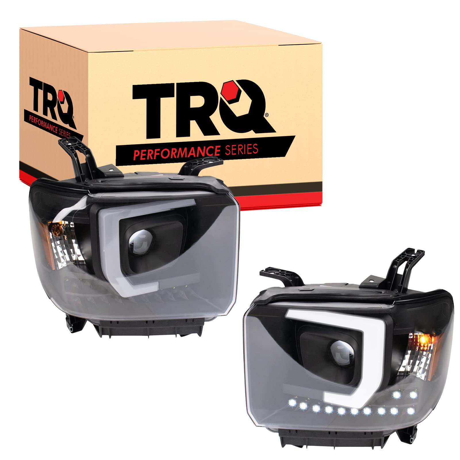 TRQ 2 Piece Headlight Assembly Set Performance LED C Light Bar Black Bezel Driver & Passenger Side Compatible with GMC Sierra 1500 2014-2018 Sierra 2500 HD 3500 HD 2015-2019 GM2502394 GM2503394