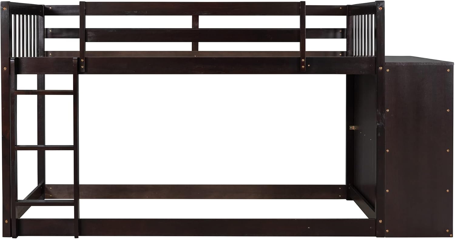 Twin Over Twin Bunk Beds with Storage, Wooden Twin Floor Bunk Beds with 4 Drawers and 3 Shelves, Low Bunk Bed Frame, Twin Loft Bed for Kids, Girls Boys, Teens, Adults (Espresso)
