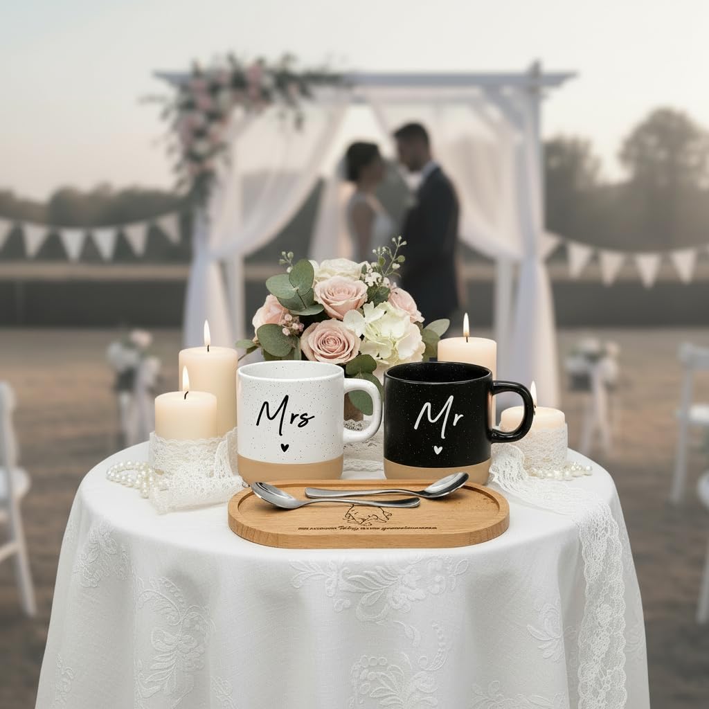 LOZACHE Geschenke für Paare Mr & Mrs Tassen Set mit Holztablett & Löffeln | Hochzeitsgeschenke für Brautpaar, Personalisierte Valentinstag Jahrestag Hochzeit Verlobung Geschenkset mit Geschenkbox