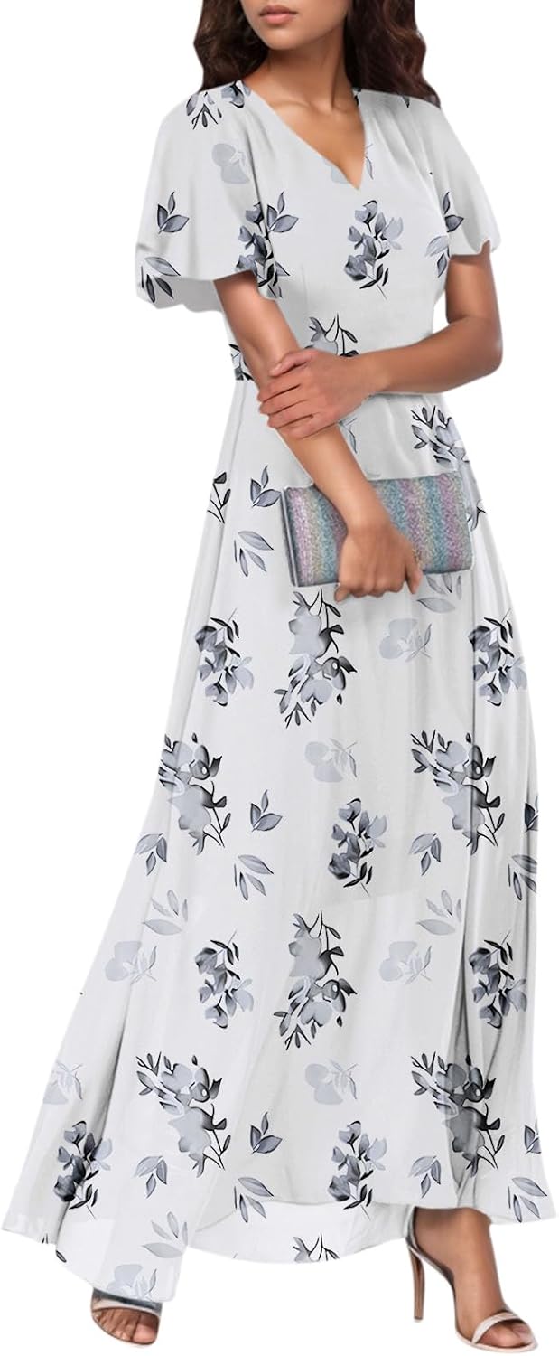 Boho Dresses For Women,2025 Spring Summer Elegant Trendy Floral Print Beach Dress,Romantic Flowy Ruched Vacation Dress,Casual V Neck Short Sleeve Chiffon Maxi Dress Hawaiian Dress(D-White,XL)