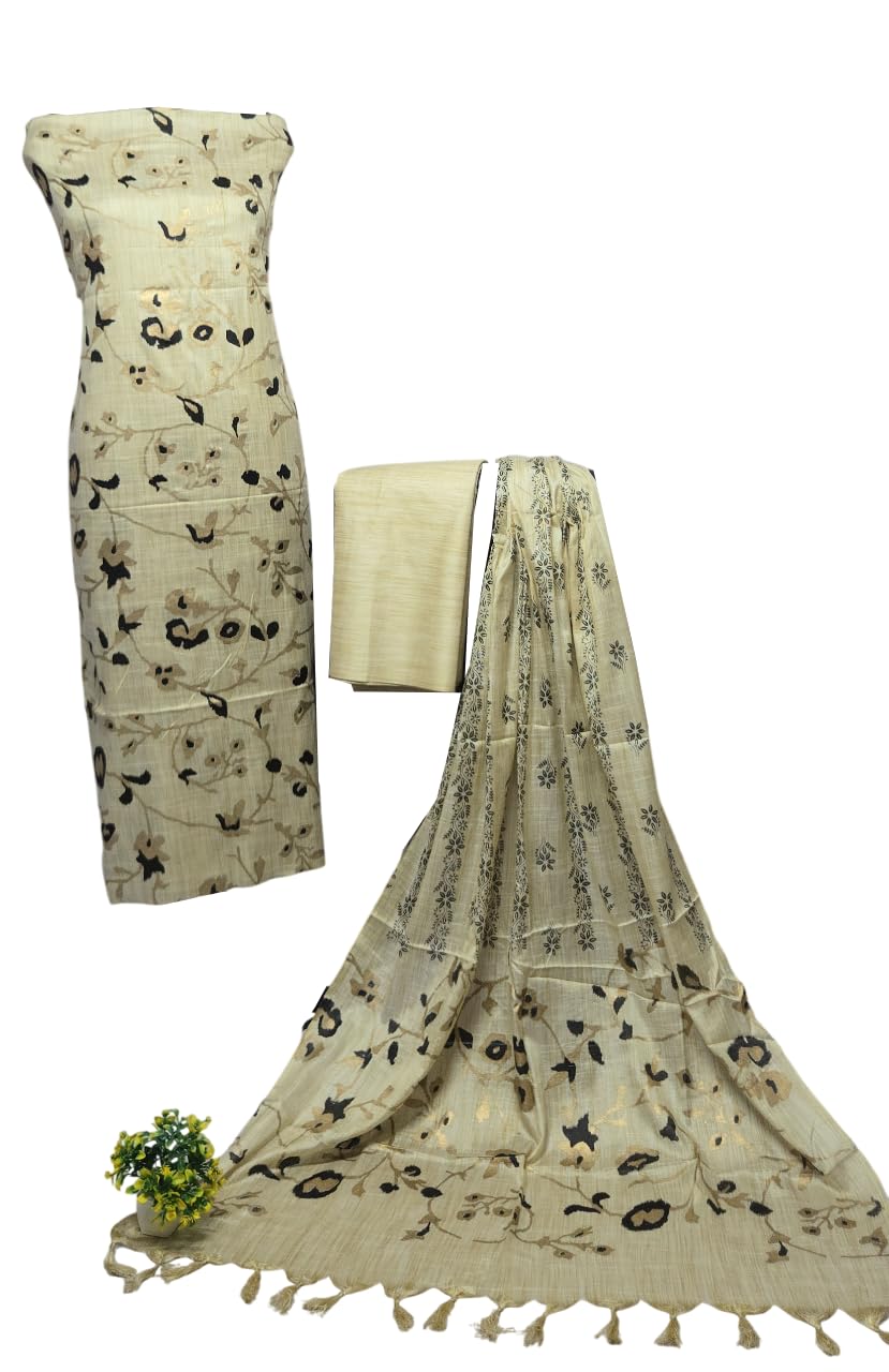 Karigarcraft Khadi Silk Printed Suit Fabric | Dress Fabrics Set for Salwar Kameez, Kurti, and Ethnic Wear | Soft & Comfortable Material for Tailoring | Base biege color with gold and black print-image-49