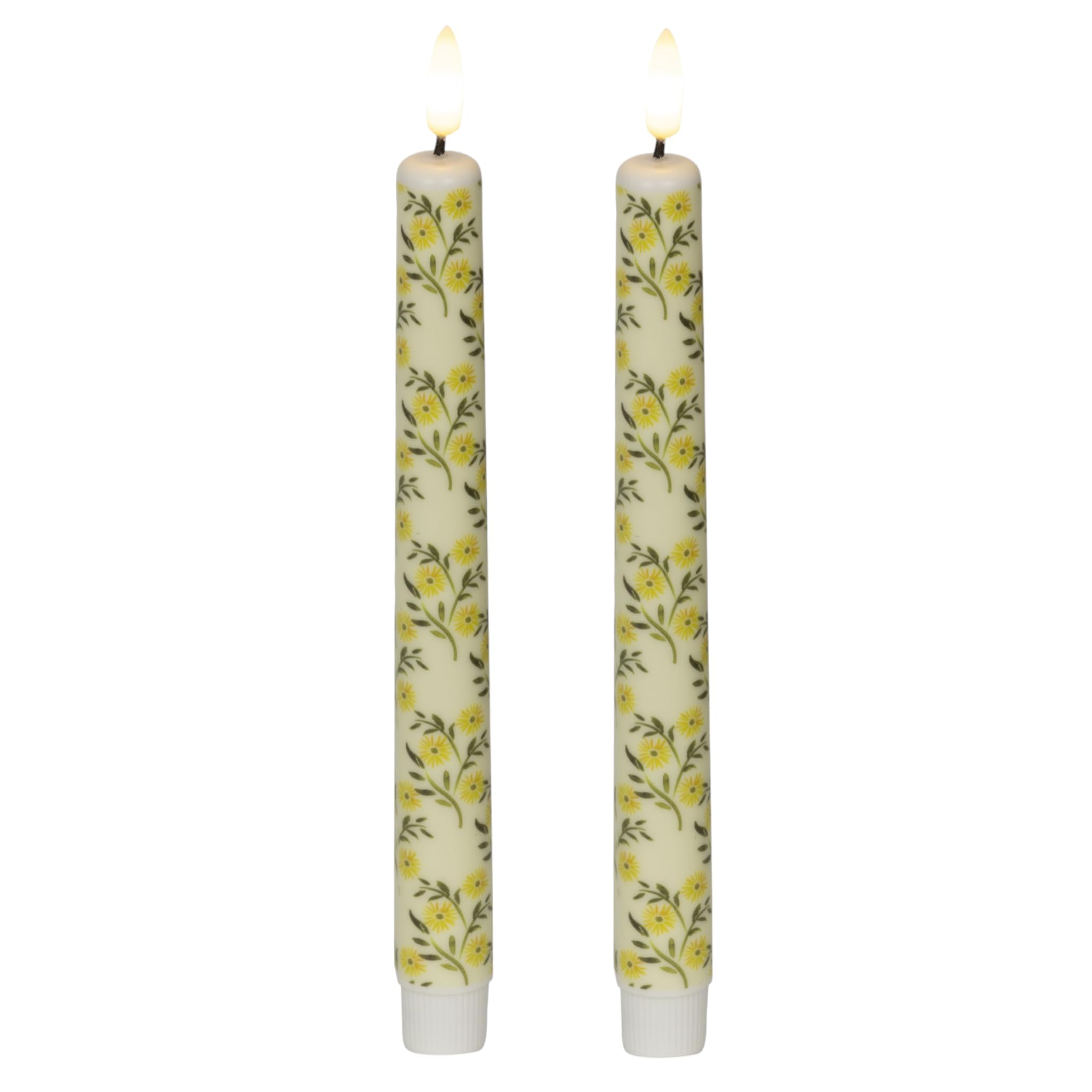 MIJOMA LED Real Wax Candle with Realistic Flame, Timer and Battery Operated, Indoor LED Candle with Warm White Light, Natural Look (Yellow - Meadow Flowers, Diameter 2 cm x 24 cm)